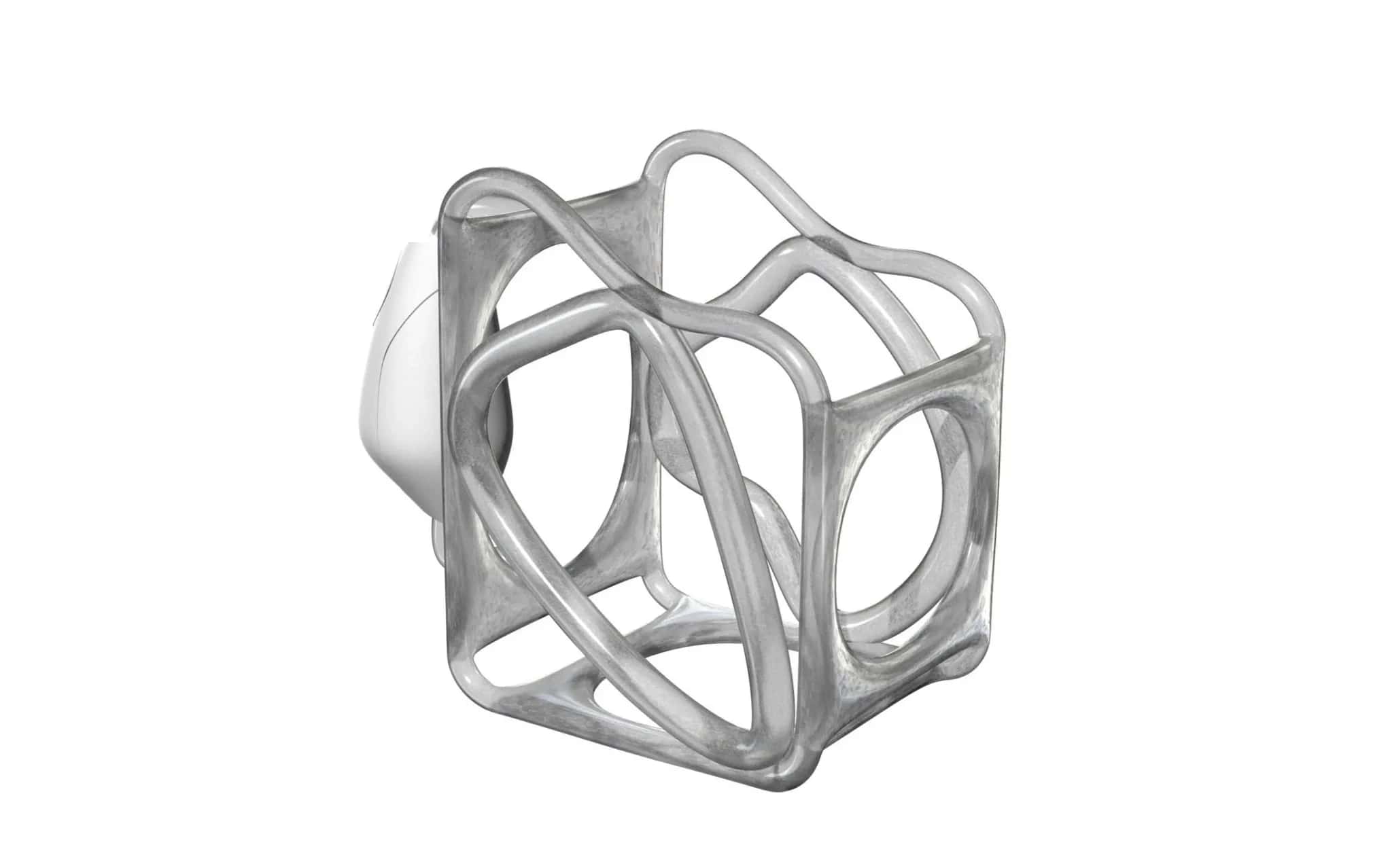 Studio render of the carton pourer’s holder on white: a translucent frame of looping, organic tubes forming an open cage, with the stone-shaped grip handle on its side.