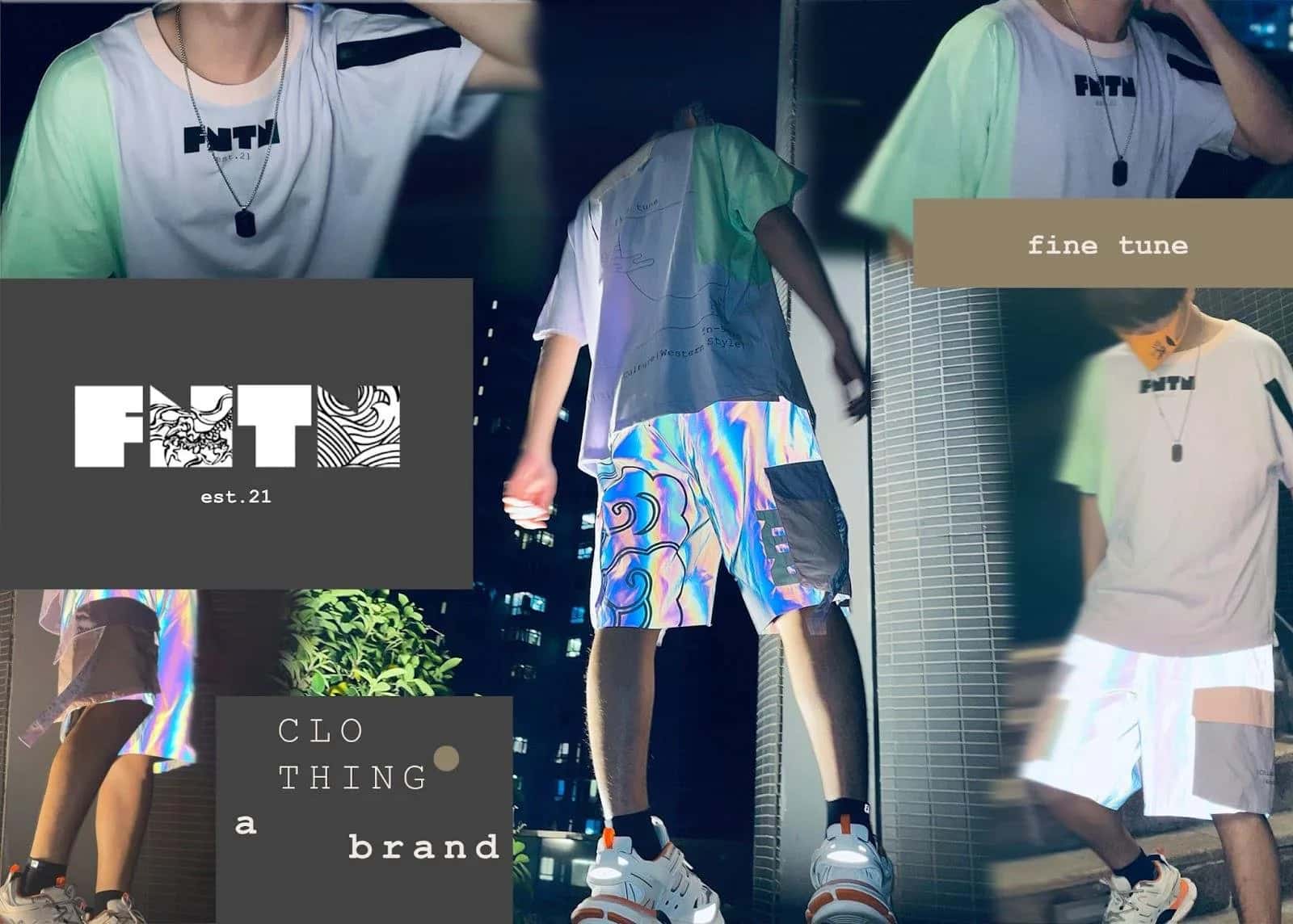 FNTN collage: a model in a pastel colour-blocked tee and holographic shorts, the FNTN est.21 logo panel and “CLOTHING a brand” type over city and foliage photographs