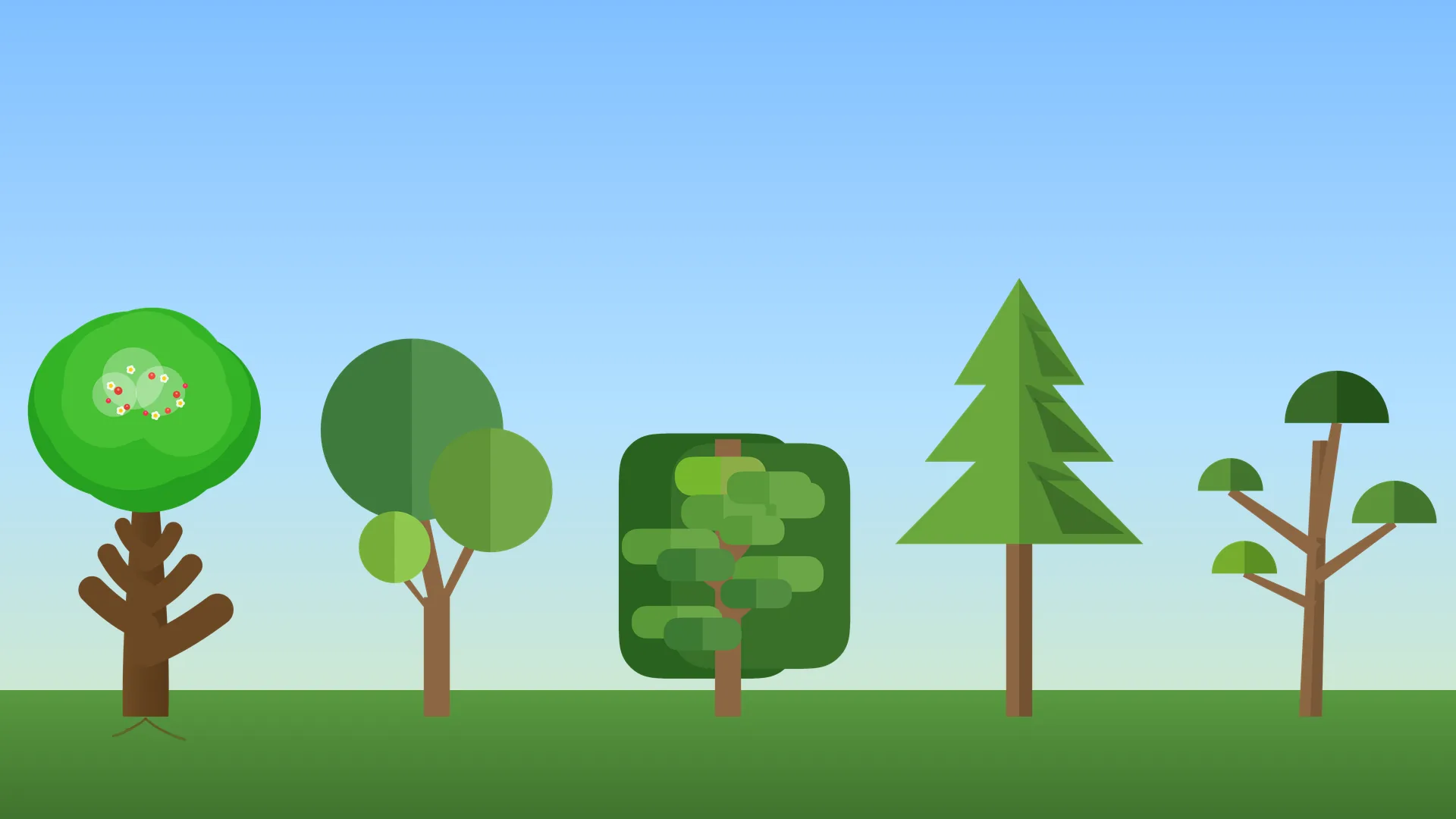 The five procedurally drawn MusicArc trees standing in a row on green ground under a pale blue sky: a flowering oak, a round tree of half-shaded circles, a bushy tree, a tiered pine and a slender acacia.