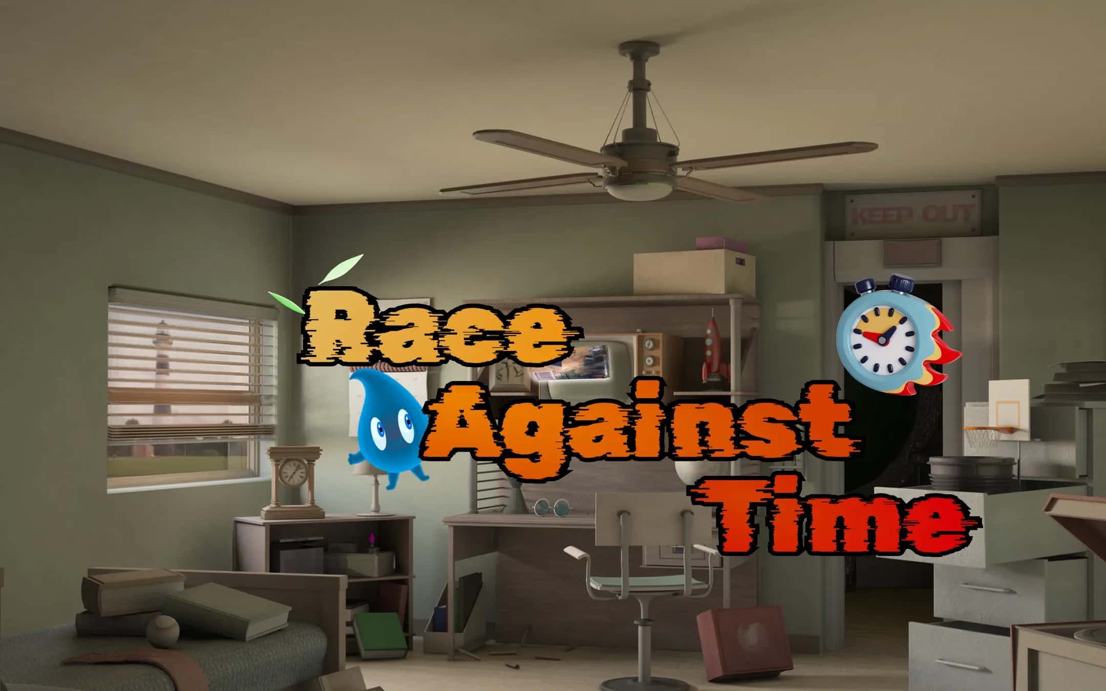 Race Against Time title screen: chunky orange-to-red game lettering with a water-drop mascot and a flaming alarm clock, over a 3D render of a cluttered, dim bedroom.