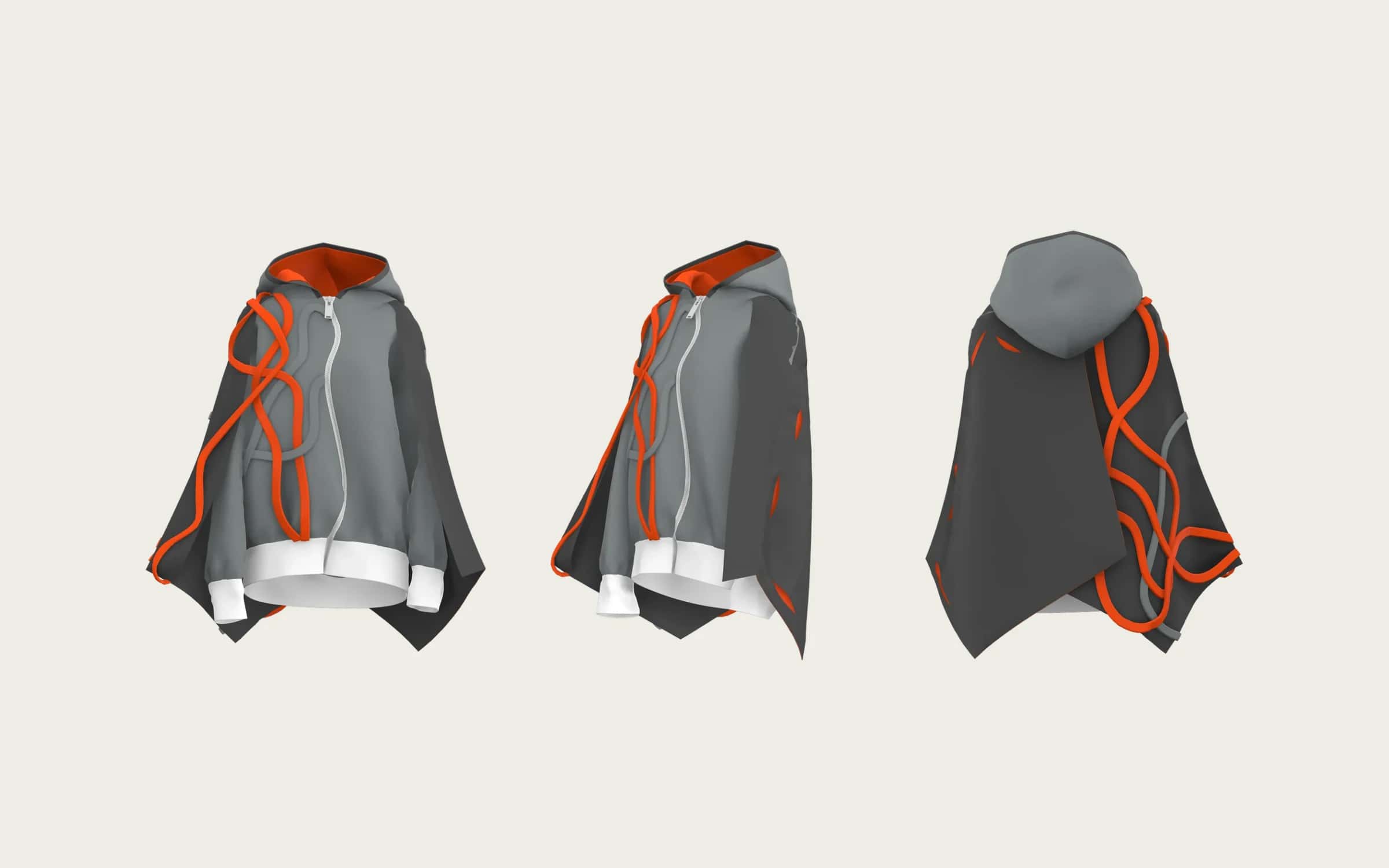 3D garment simulation of the asymmetric grey cape-hoodie from three angles: orange cord lines snake across the front and wrap around the back, with an orange-lined hood