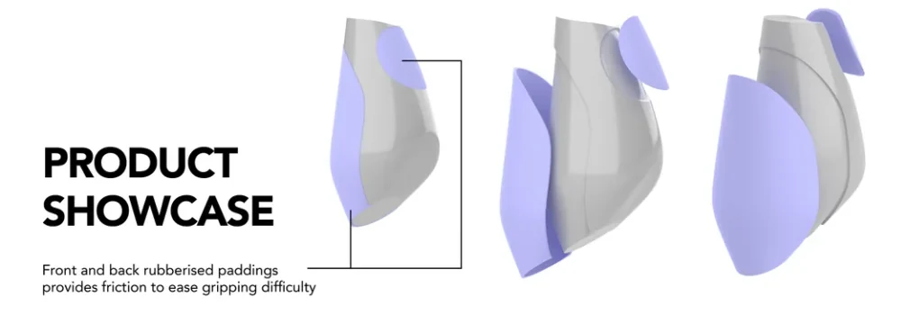Three renders of the grey handle with lavender rubberised paddings on its front and back, annotated: front and back paddings provide friction to ease gripping difficulty.