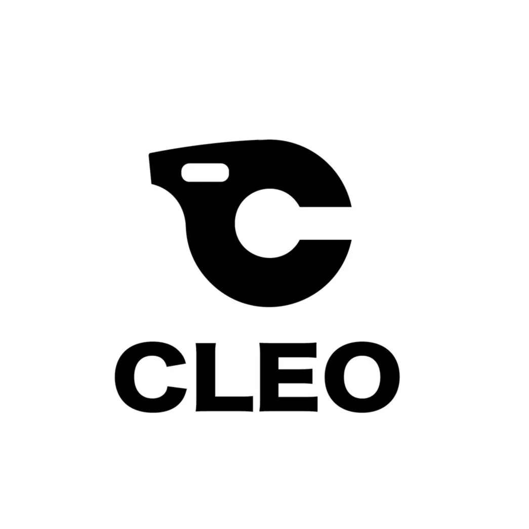 CLEO logo: a bold black C-shaped glyph with a pill-shaped cut-out, above the word CLEO in heavy sans-serif, on white.