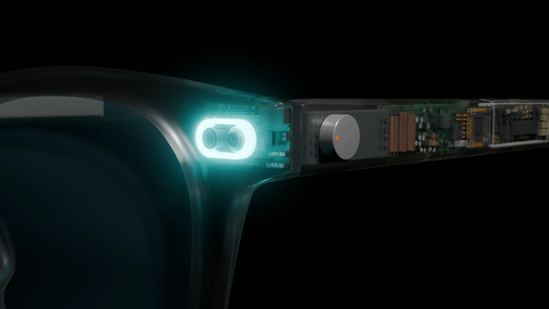 Close-up render of the CLEO frame on black: a glowing cyan pill-shaped camera module at the hinge, with the circuit board, battery and navigation knob visible through the translucent temple arm.