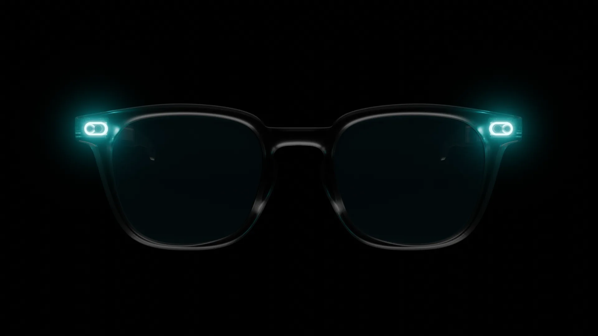Front render of the CLEO glasses on pure black: dark translucent frames with small glowing cyan LEDs at both hinges.