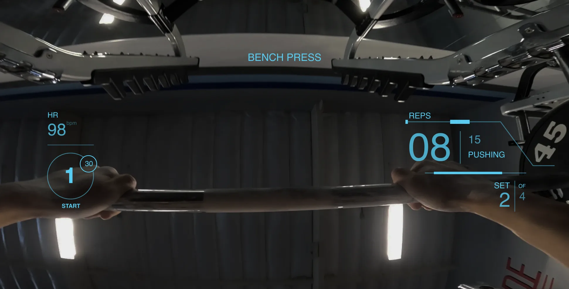 POV HUD mockup lying on a bench press, hands gripping the bar: the cyan HUD reads BENCH PRESS, HR 98 bpm, a rest ring, REPS 08 of 15 PUSHING, SET 2 OF 4.