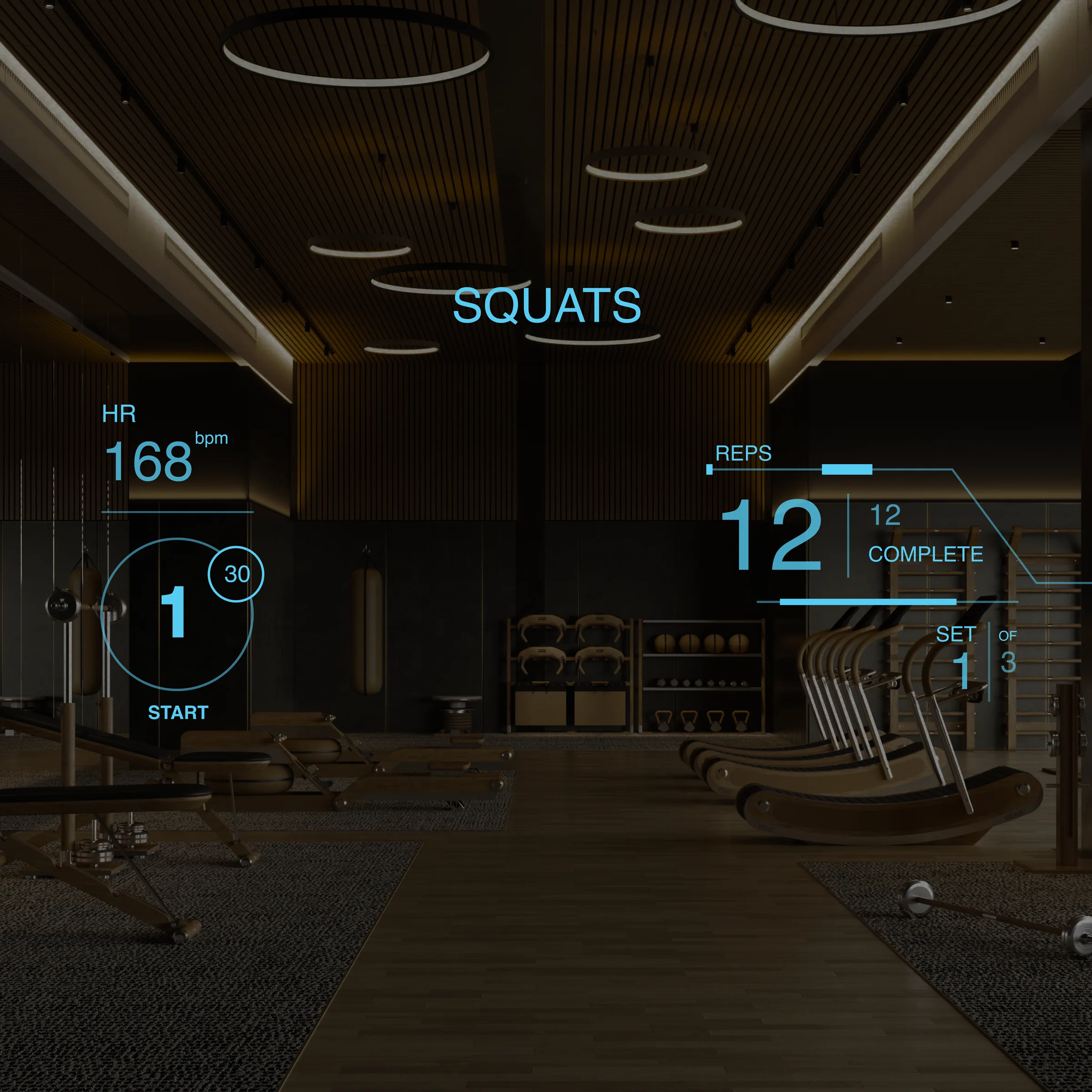POV HUD mockup in a dark modern gym: SQUATS title, HR 168, rest ring, REPS 12 COMPLETE, SET 1 of 3.