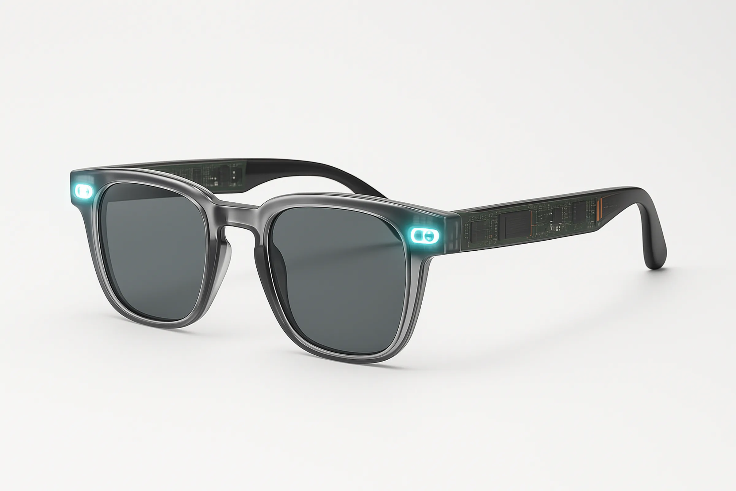 Three-quarter product render of the CLEO glasses on white: grey translucent frames, dark tinted lenses, cyan LEDs at the hinges and circuitry visible inside the temple arm.