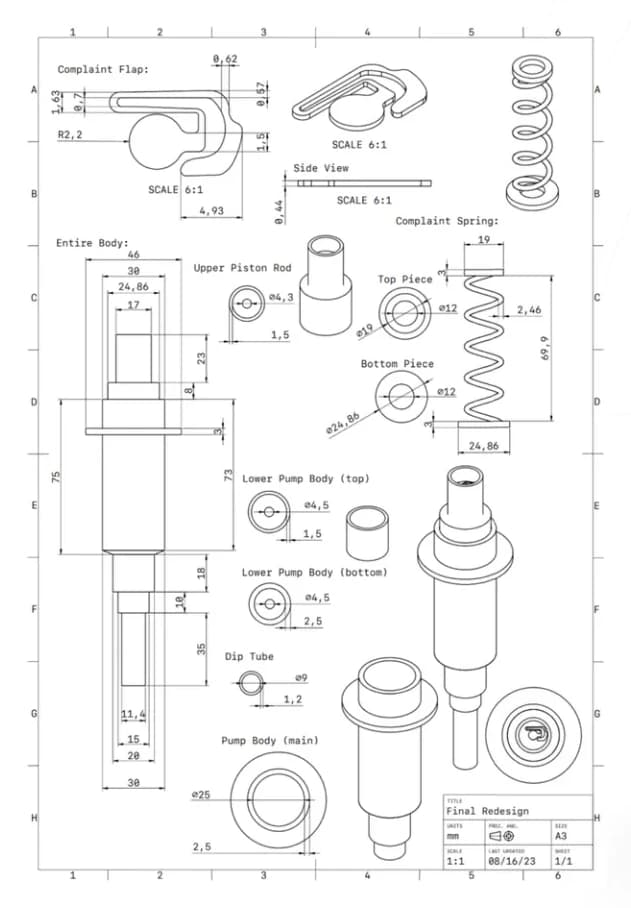 Dimensioned engineering drawing titled “Final Redesign” (A3, millimetres, scale 1:1, last updated 08/16/23): the compliant flap, compliant spring, upper piston rod, top and bottom pieces, lower pump body, dip tube and main pump body, with isometric views