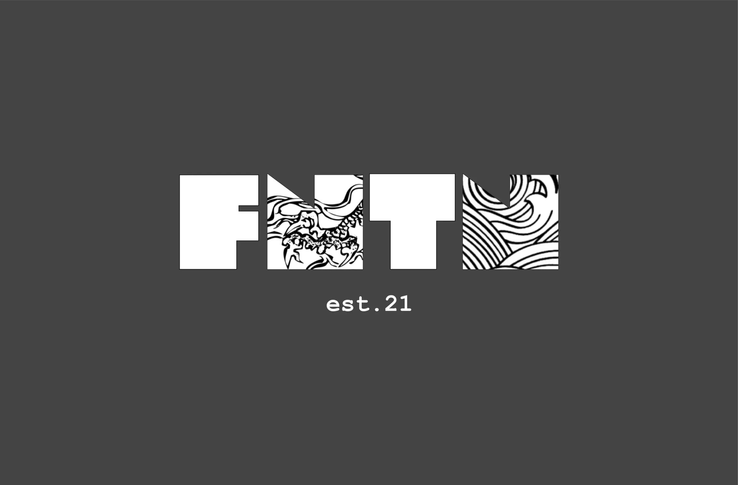 FNTN est.21 logo in white on charcoal, the letterforms filled with traditional Chinese dragon and wave linework