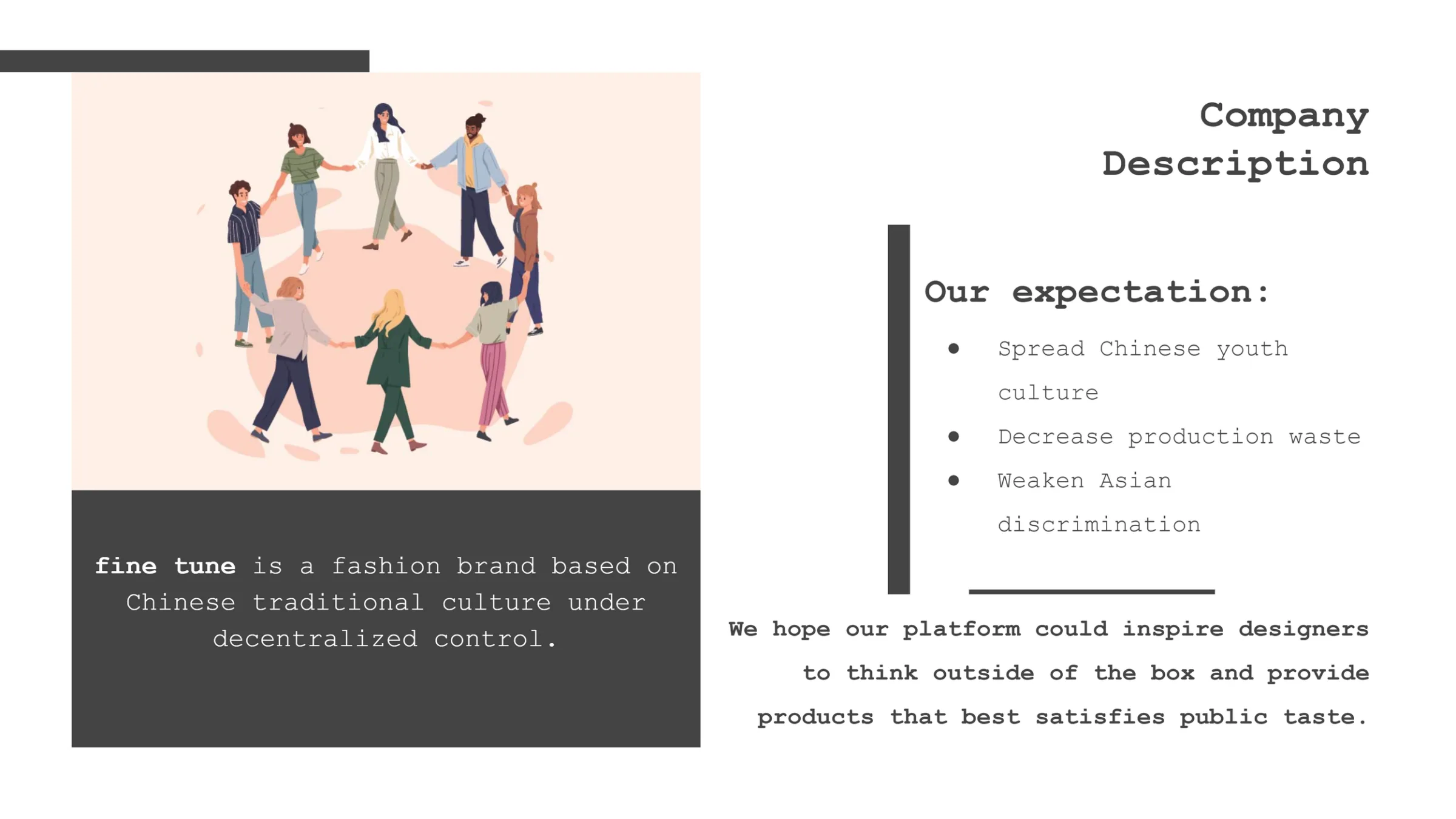 Company Description slide: an illustration of people holding hands in a circle beside the brand’s three expectations