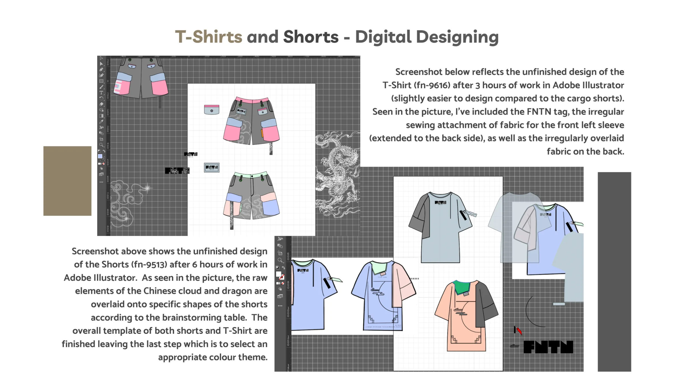 Slide “T-Shirts and Shorts — Digital Designing” with Adobe Illustrator screenshots of the fn-9513 shorts and fn-9616 tee in progress