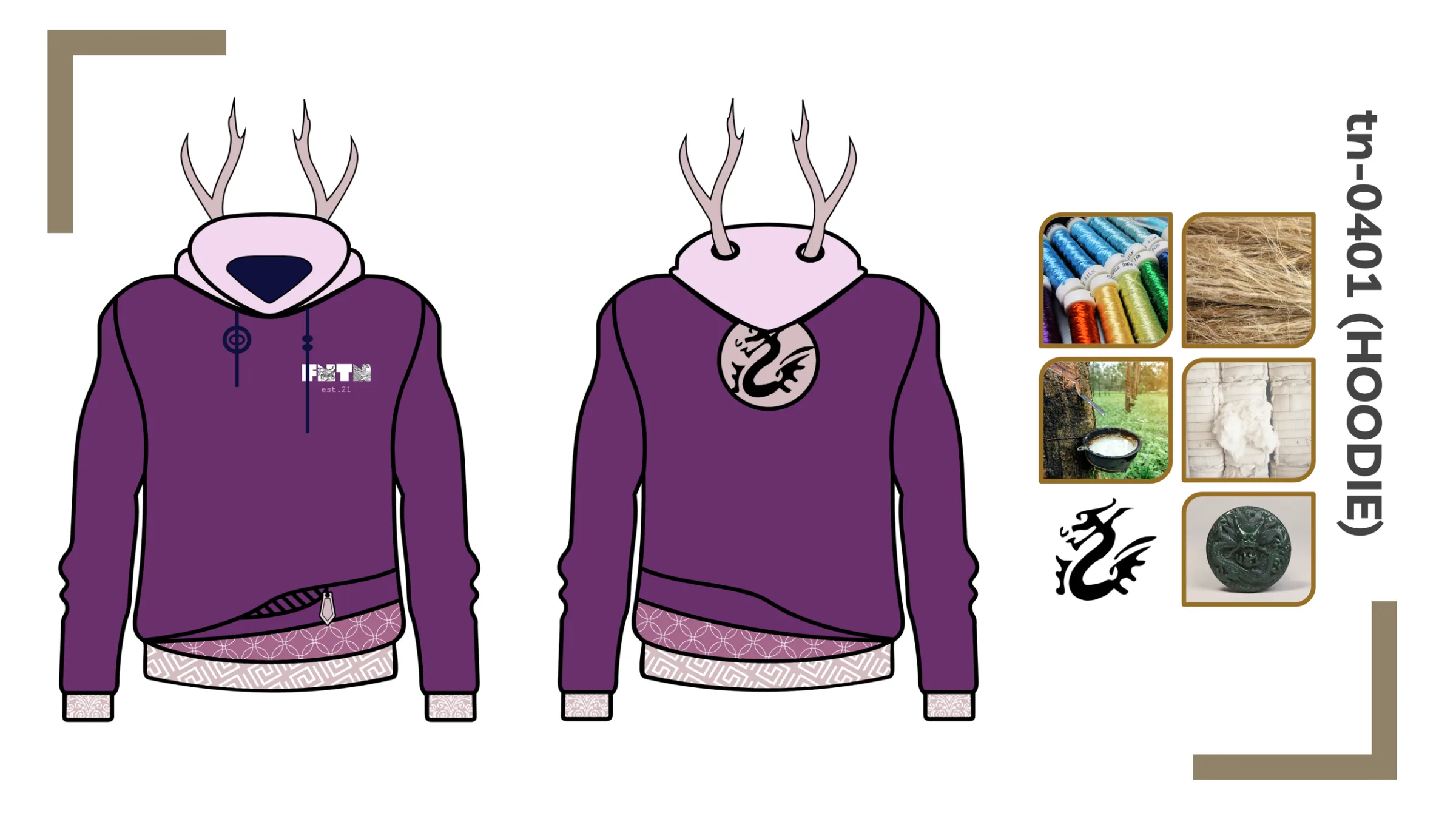 Design sheet tn-0401 (hoodie): purple hoodie with an antlered pink hood, a dragon roundel on the back and material swatches
