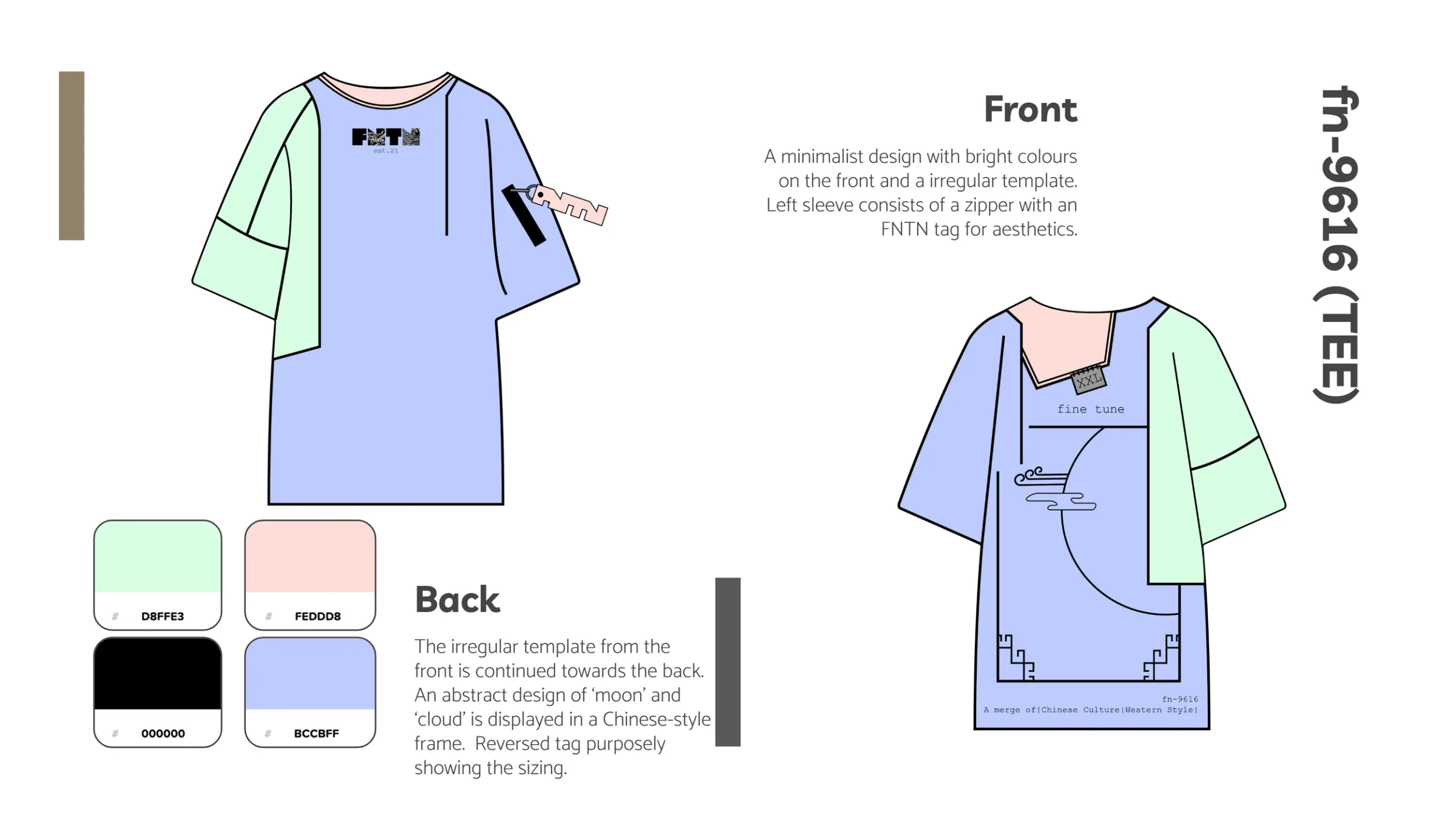 Design sheet fn-9616 (tee): pastel blue and mint colour-blocked tee, front and back, with colour swatches