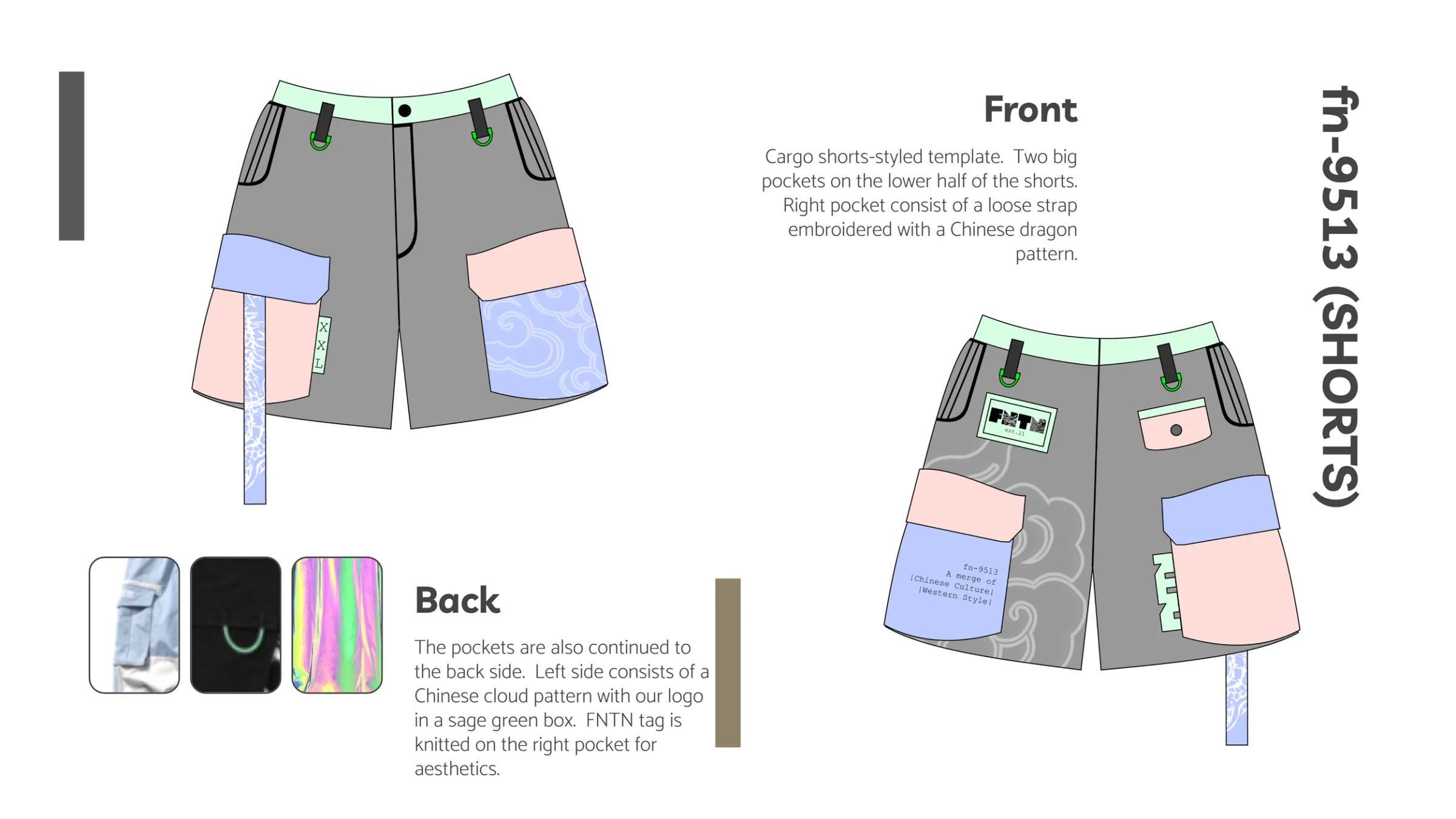Design sheet fn-9513 (shorts): grey cargo shorts with pastel pockets, a Chinese cloud pattern and a dragon-embroidered strap