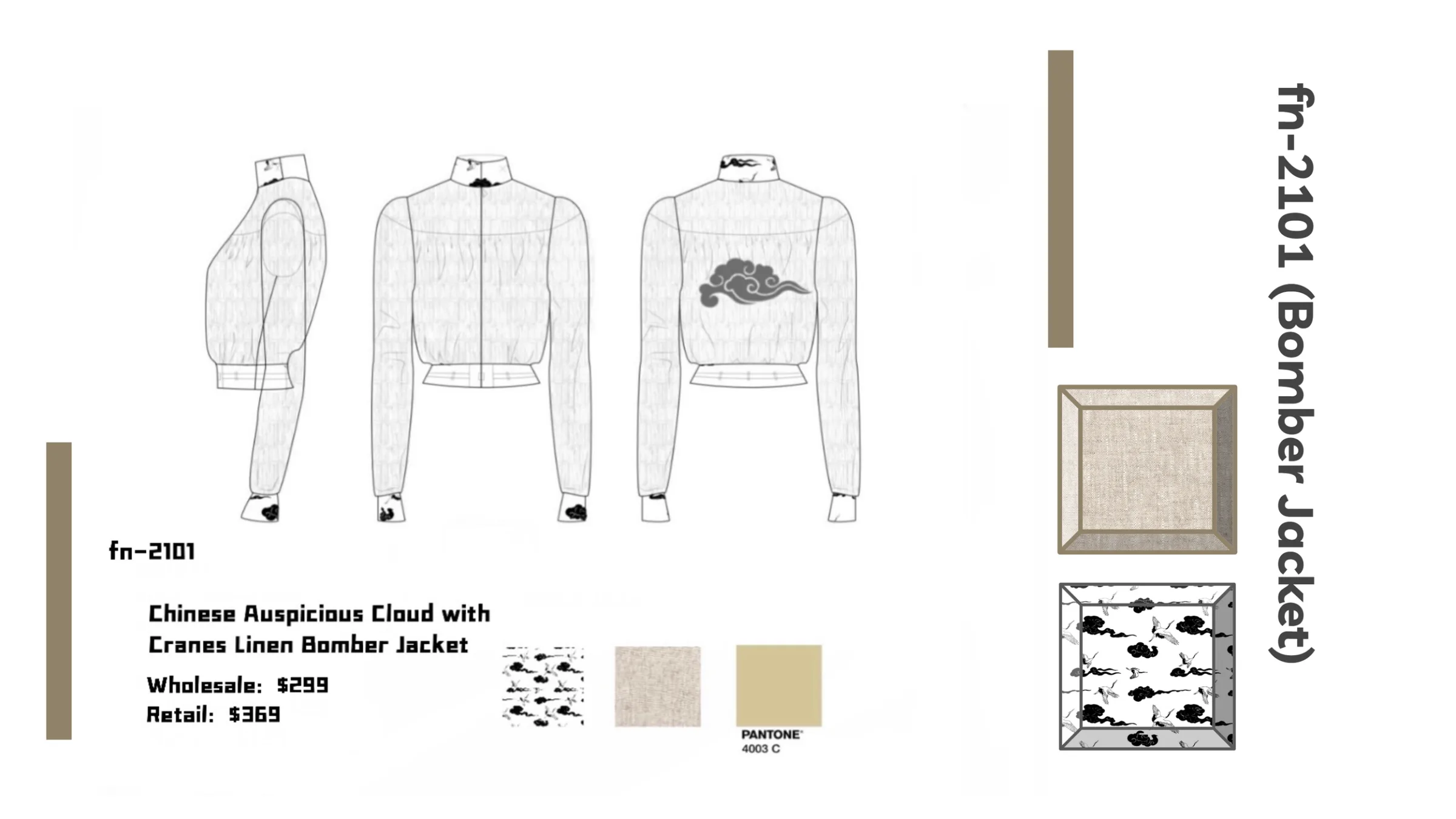 Design sheet fn-2101: Chinese Auspicious Cloud with Cranes linen bomber jacket, line drawings with fabric swatches