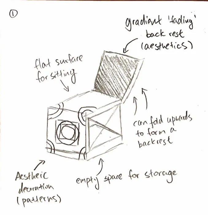Pencil sketch 1: a box seat with storage inside, patterned sides and a gradient-shaded backrest that folds upward.