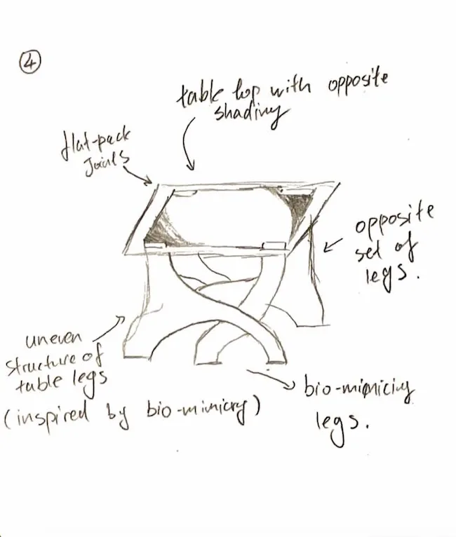 Pencil sketch 4: a table with an oppositely shaded top, flat-pack joints and uneven, bio-mimicking legs.