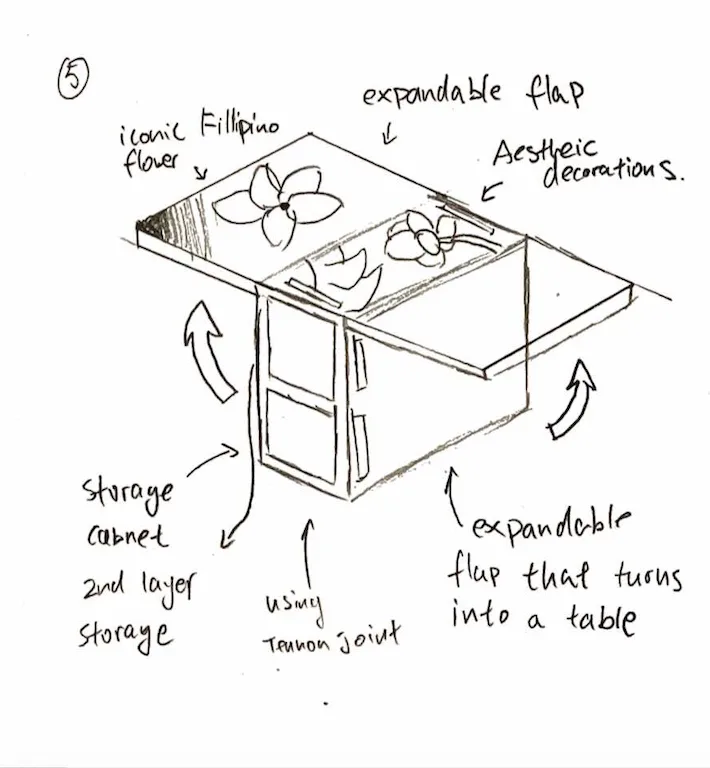 Pencil sketch 5: a storage cabinet whose expandable flap folds out into a table, decorated with an iconic Filipino flower, using tenon joints.