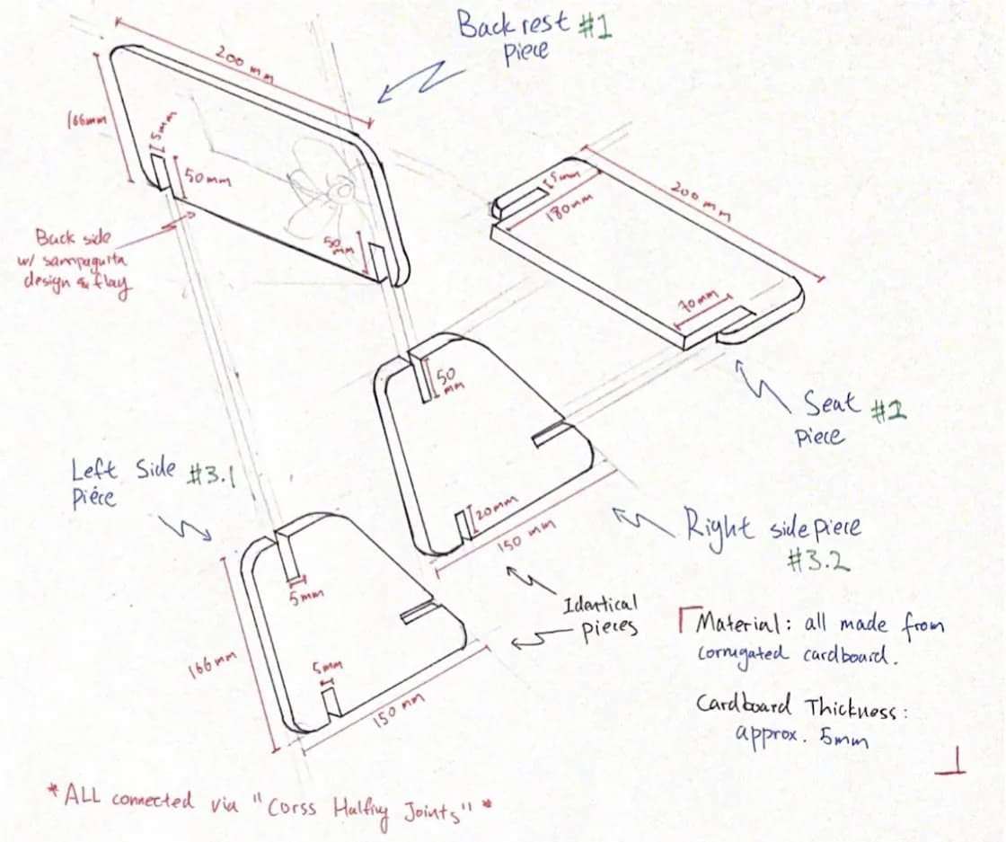 Exploded parts drawing of the final design with dimensions: backrest, seat and identical left and right side pieces, all connected by cross-halving joints.