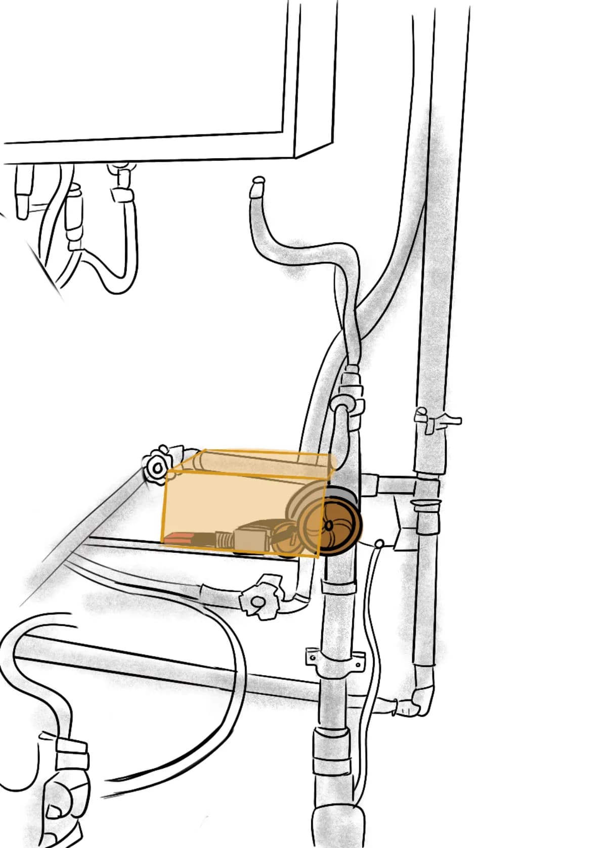 Greyscale illustration of the plumbing in a residential pipe room, with the FLOW generator highlighted as an orange translucent box mounted on the water pipe