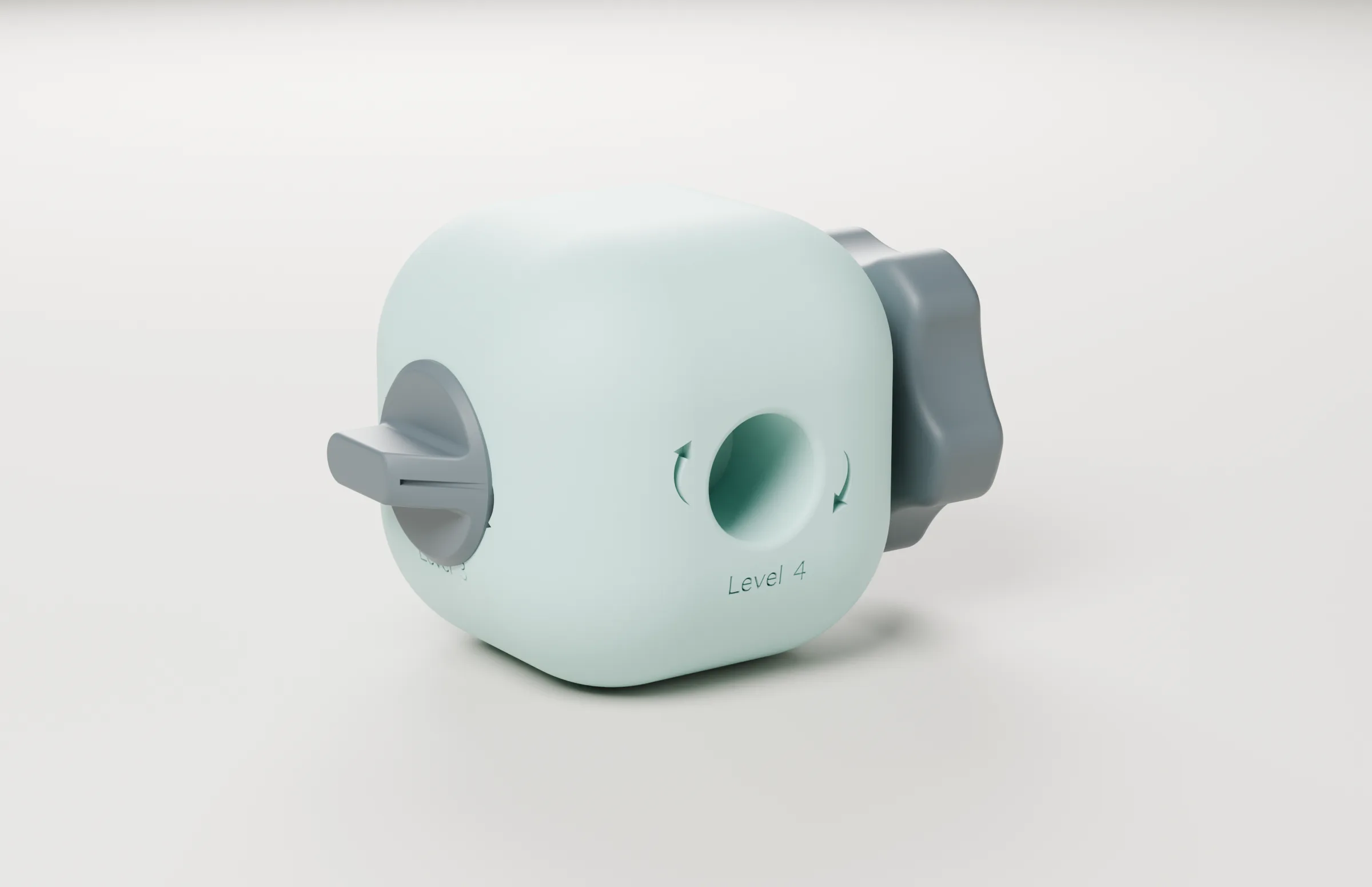 Handyman Version 1: a soft mint-green rounded cube on a pale grey ground, a slate stove-style pointer knob on its left face, a large lobed knob on its right, and an empty hole marked ‘Level 4’ with curved rotation arrows on the front.