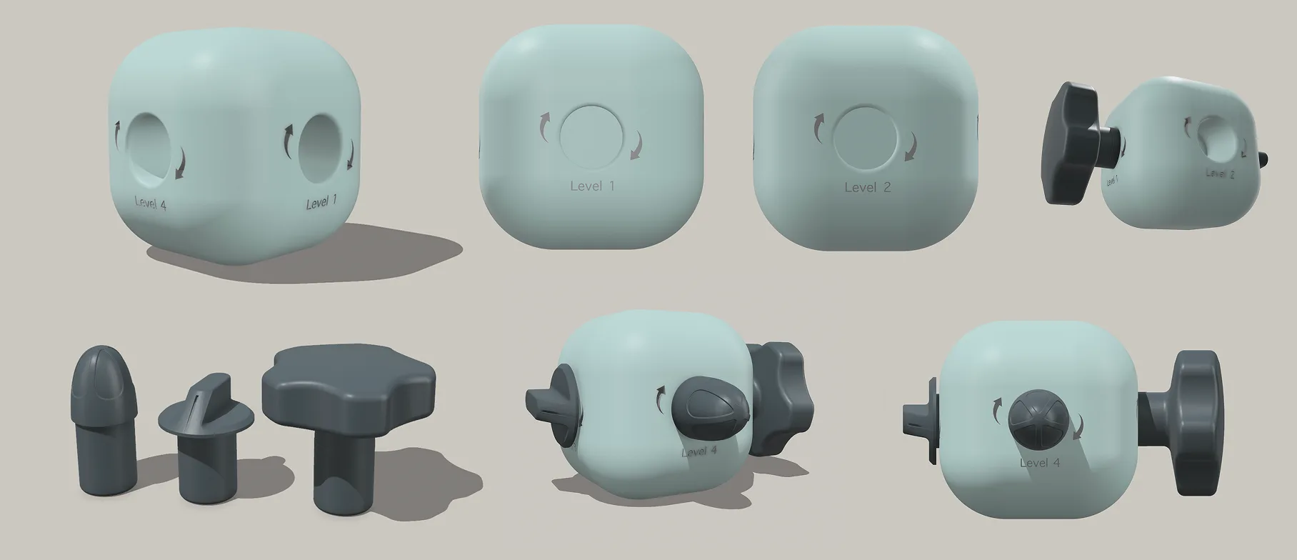 Version 1 design render sheet on warm grey: the rounded cube with level markings and rotation arrows, face-on views of Level 1 and Level 2, the three dark knobs standing alone, and the knobs installed on different faces.