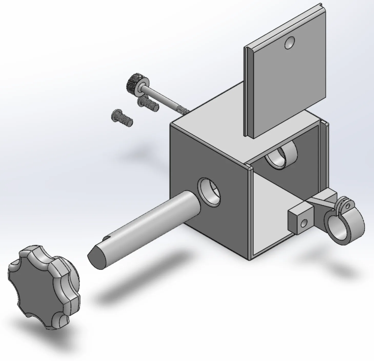 SolidWorks exploded view of Version 2: star knob, long rotating shaft, open case with the lid lifted out, split clamp with mounting block, knurled adjustment screw and two lid screws pulled apart along their axes.