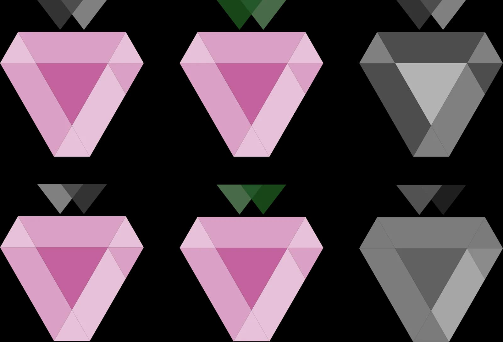 Six colour tests of the faceted strawberry mark: pink and magenta bodies with grey or green leaves, and all-grey versions.