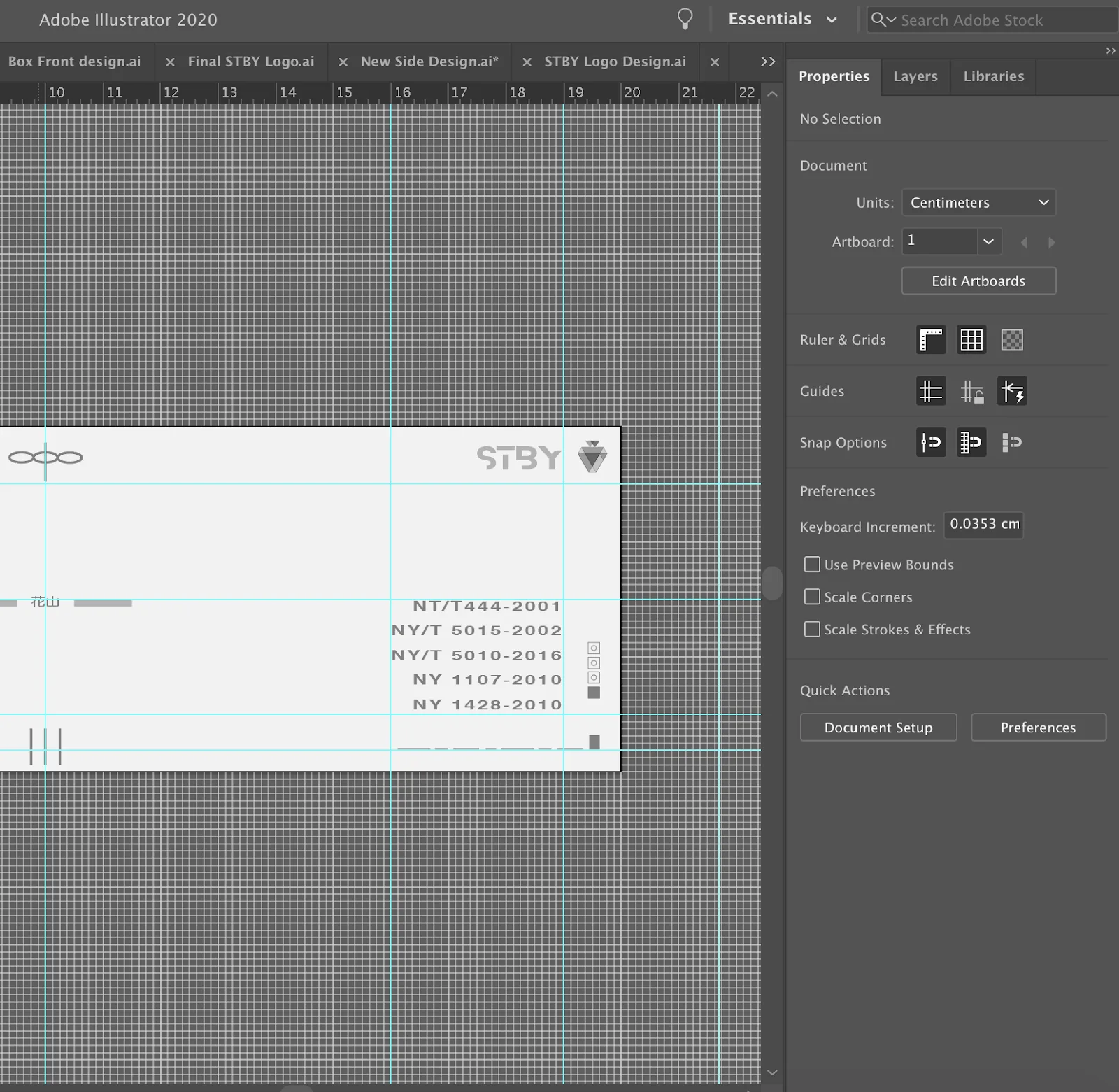 Adobe Illustrator 2020 screenshot of a package panel artboard with the STBY logo and agricultural standards text.