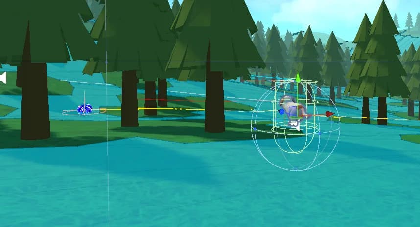 Unity scene view: a low-poly dog wrapped in NavMesh debug gizmos — wireframe sphere, axis arrows and path lines — beside a turquoise lake and pine trees.