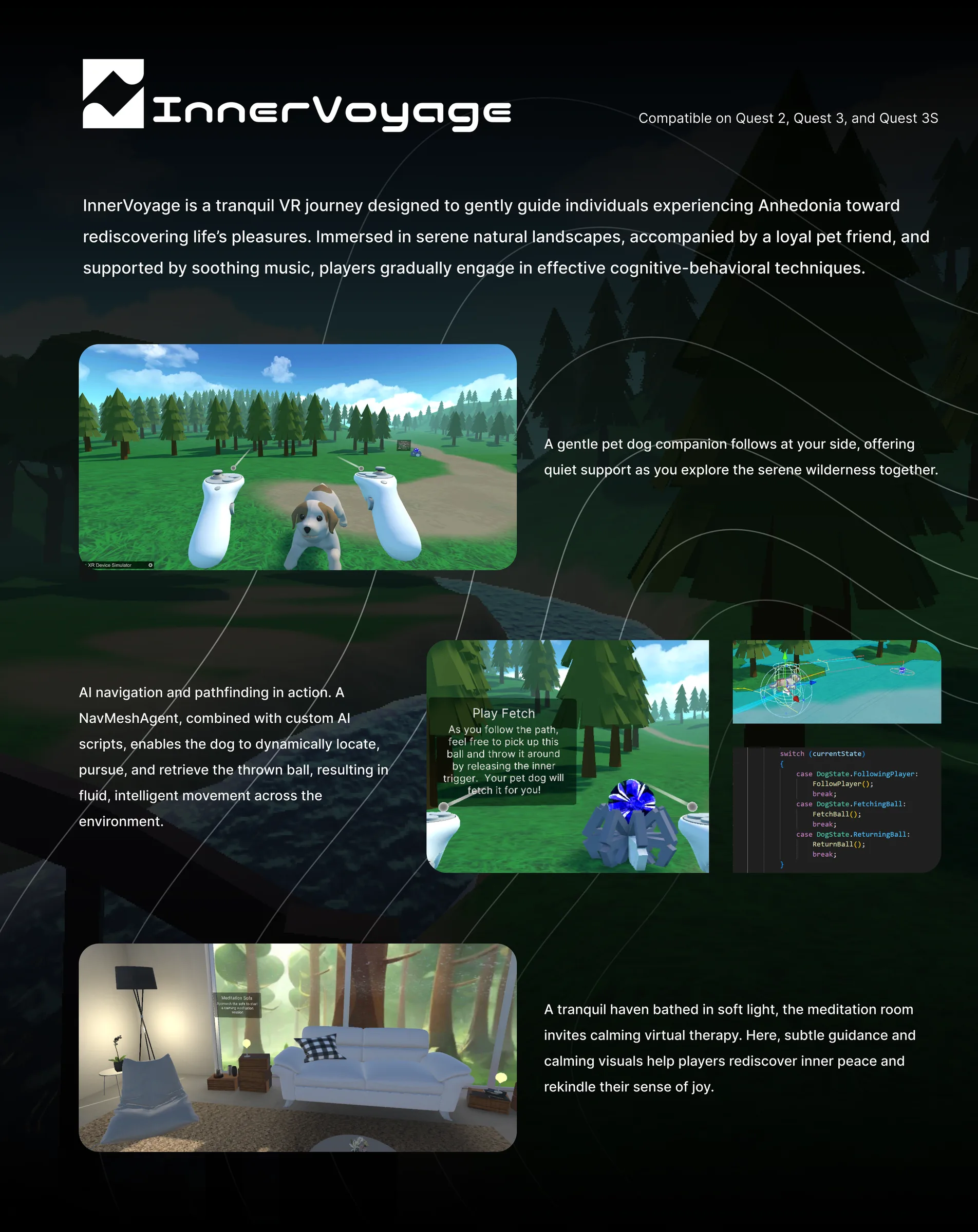 InnerVoyage project poster on a dark forest background: logo and wordmark, Quest 2/3/3S compatibility, a description of the anhedonia VR journey, and screenshots of the dog companion, the Play Fetch sign, NavMesh debugging, the dog-state code and the meditation room.