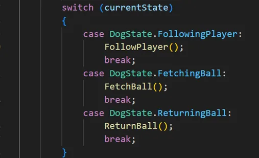 C# snippet in a dark editor: switch (currentState) with cases DogState.FollowingPlayer, FetchingBall and ReturningBall calling FollowPlayer(), FetchBall() and ReturnBall().