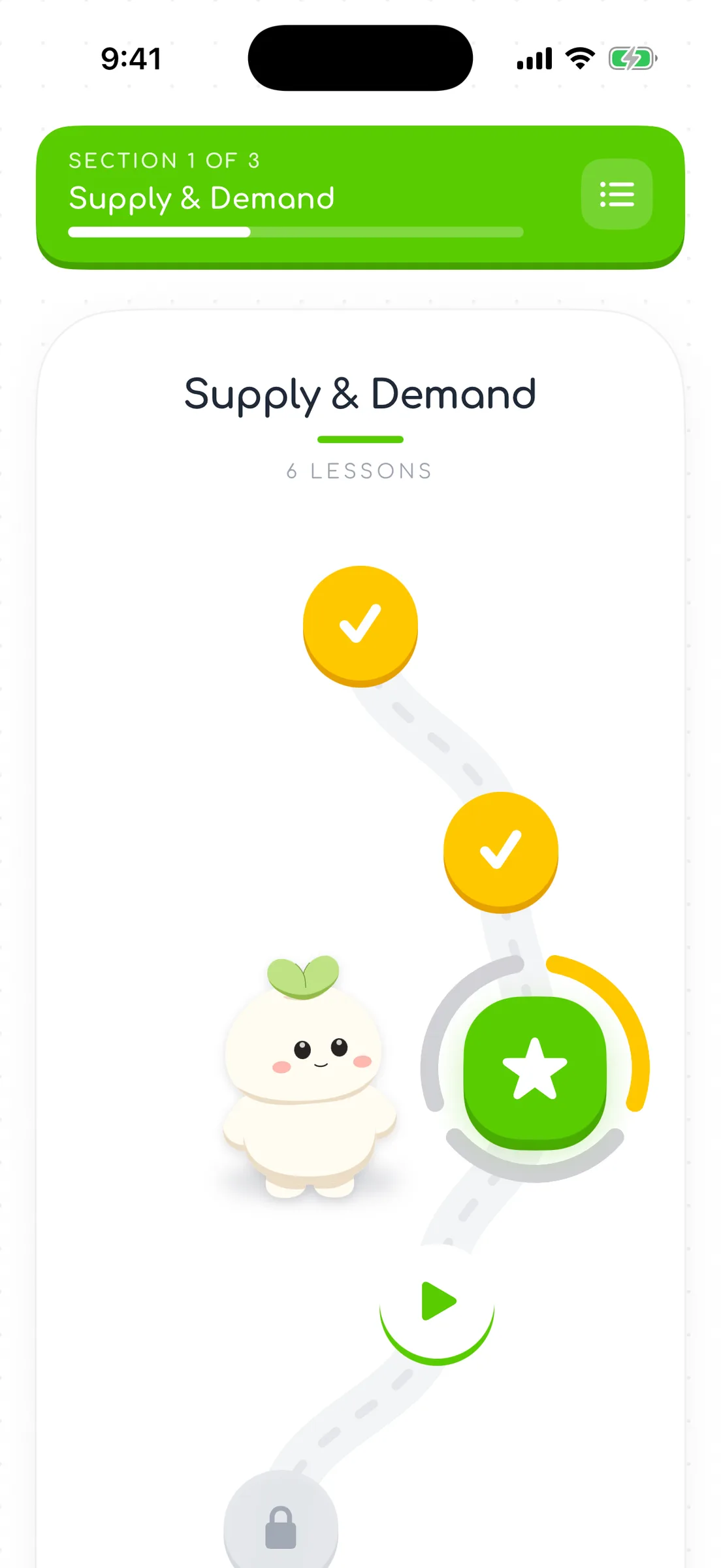 Knovus iOS roadmap: a green “Section 1 of 3 — Supply & Demand” banner above a winding path of 3D level nodes — two gold completed checkmarks, a glowing green active star node with a progress ring, a play node and a locked node — with the sprout mascot beside the active node.