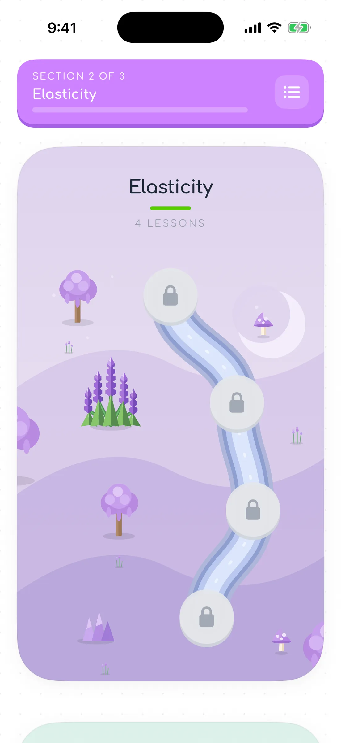 Roadmap biome exploration: a purple “Section 2 of 3 — Elasticity” banner over a lavender-hill scene with purple trees, a crescent moon and a locked node path drawn as a stream.