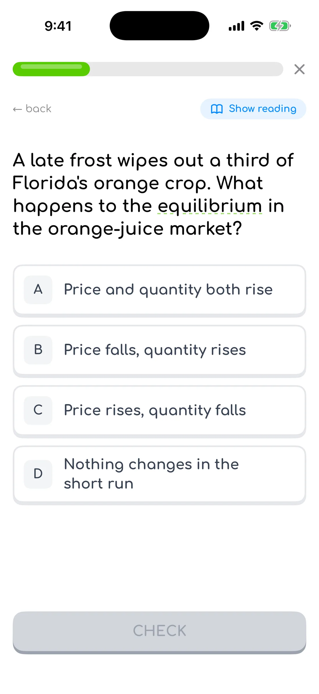 Multiple-choice question about a frost hitting Florida’s orange crop, with four lettered, tactile option rows and a disabled Check button.