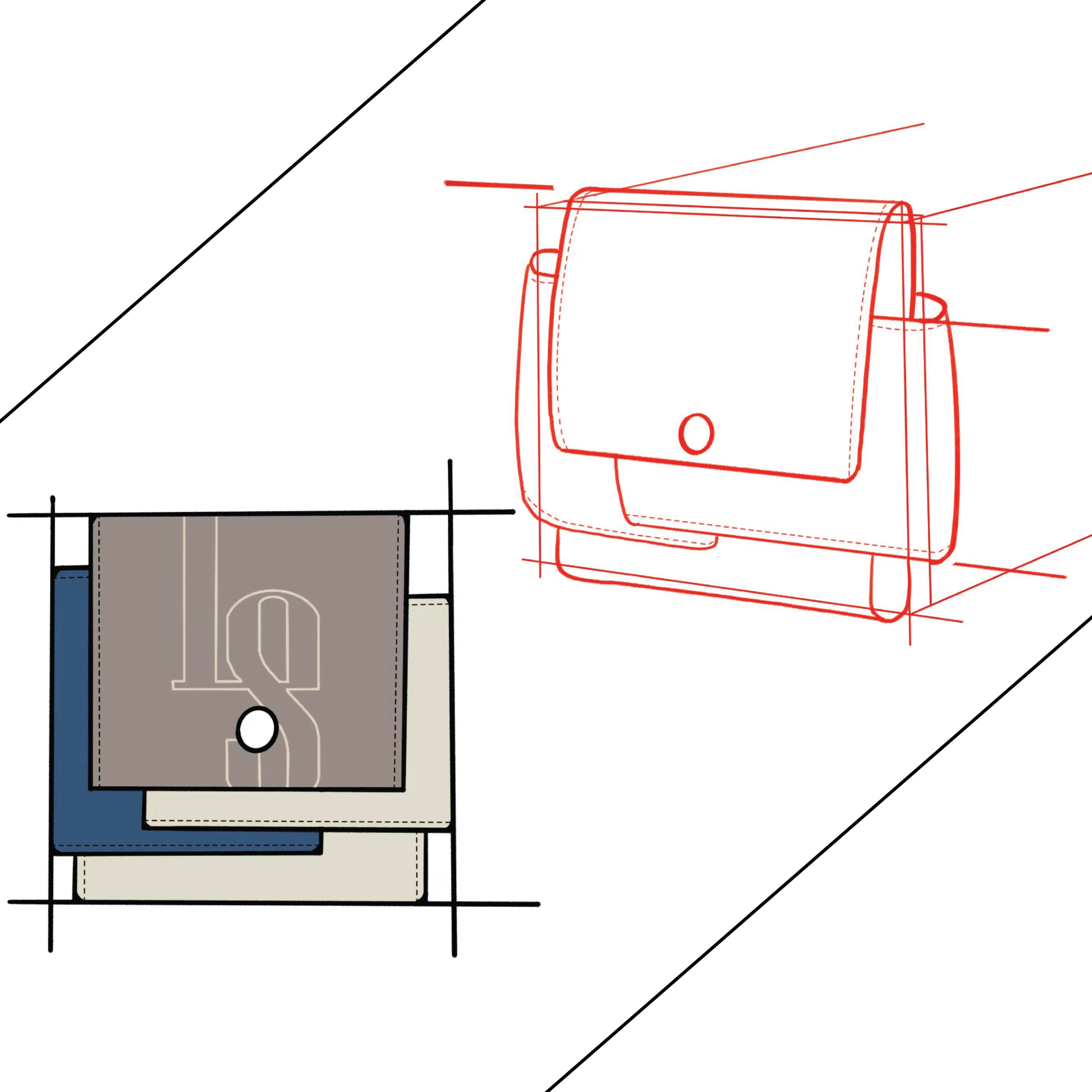 Design sketch of the three-layer patch pocket with the LS monogram, shown as a colour flat and a red construction drawing