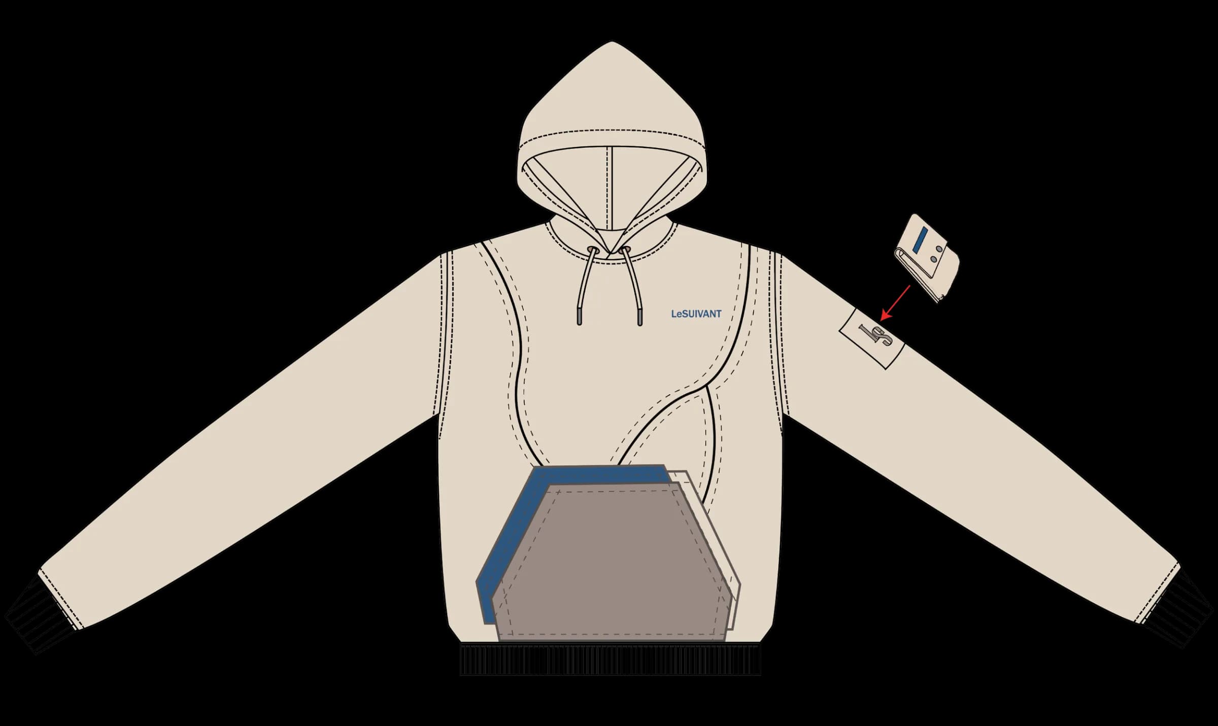 Technical flat of the Cream White Hoodie front with its irregular cut, blue-and-taupe kangaroo pocket and sleeve tag
