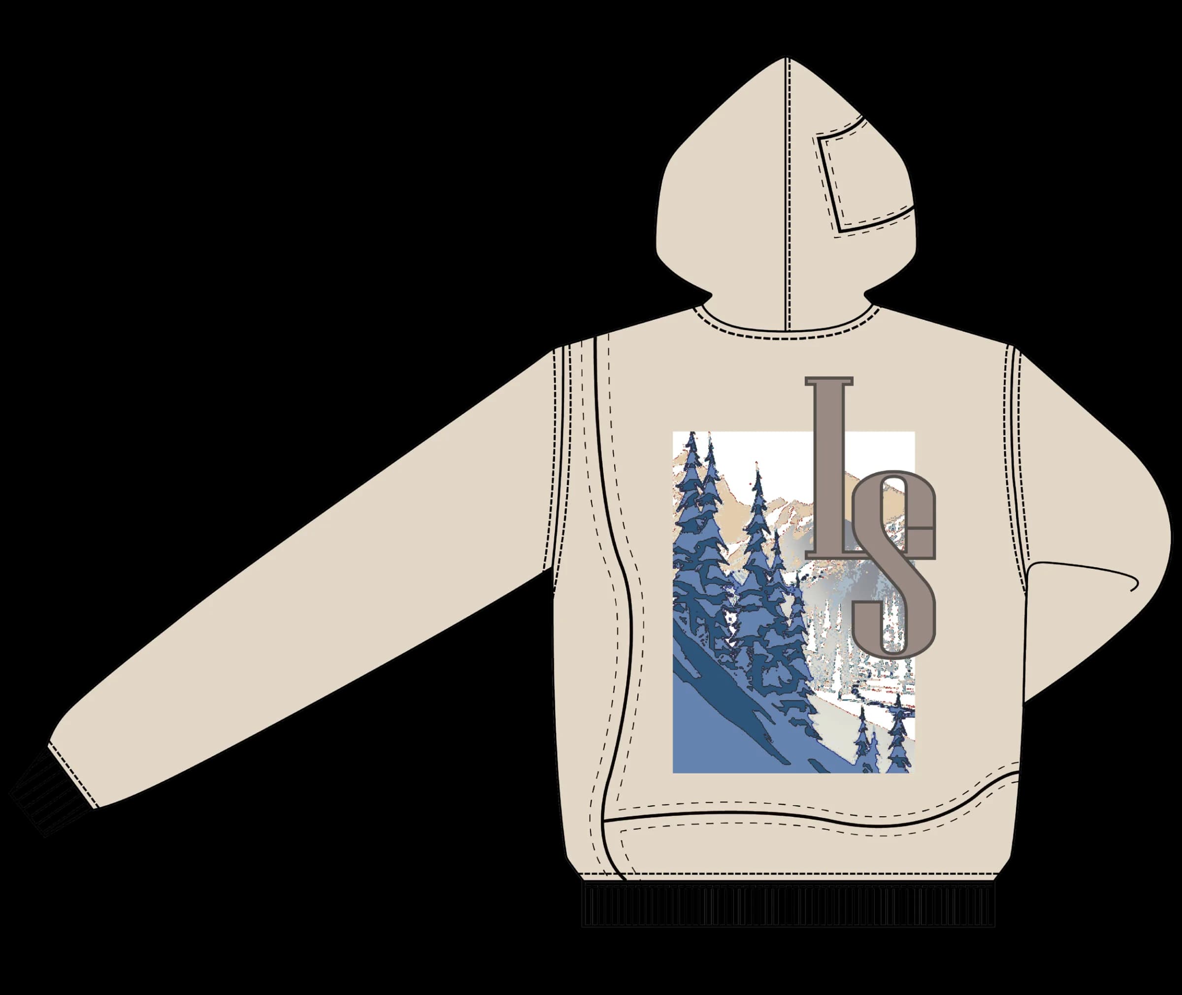 Technical flat of the Cream White Hoodie back: a snow-mountain pine forest framed by a large LS monogram