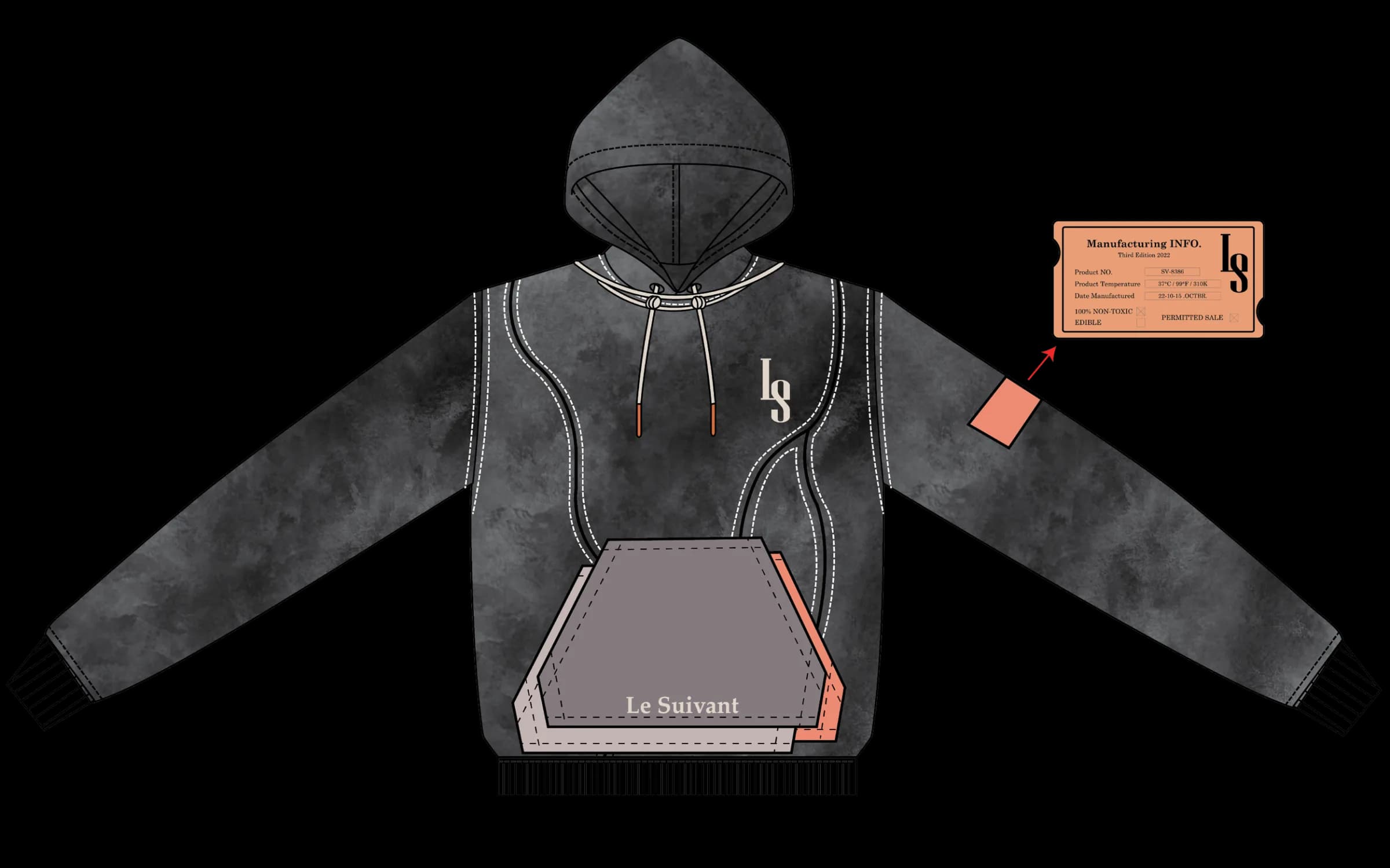 Technical flat of the Denim Washed Hoodie front with the LS monogram, a Le Suivant pocket and the orange manufacturing info label