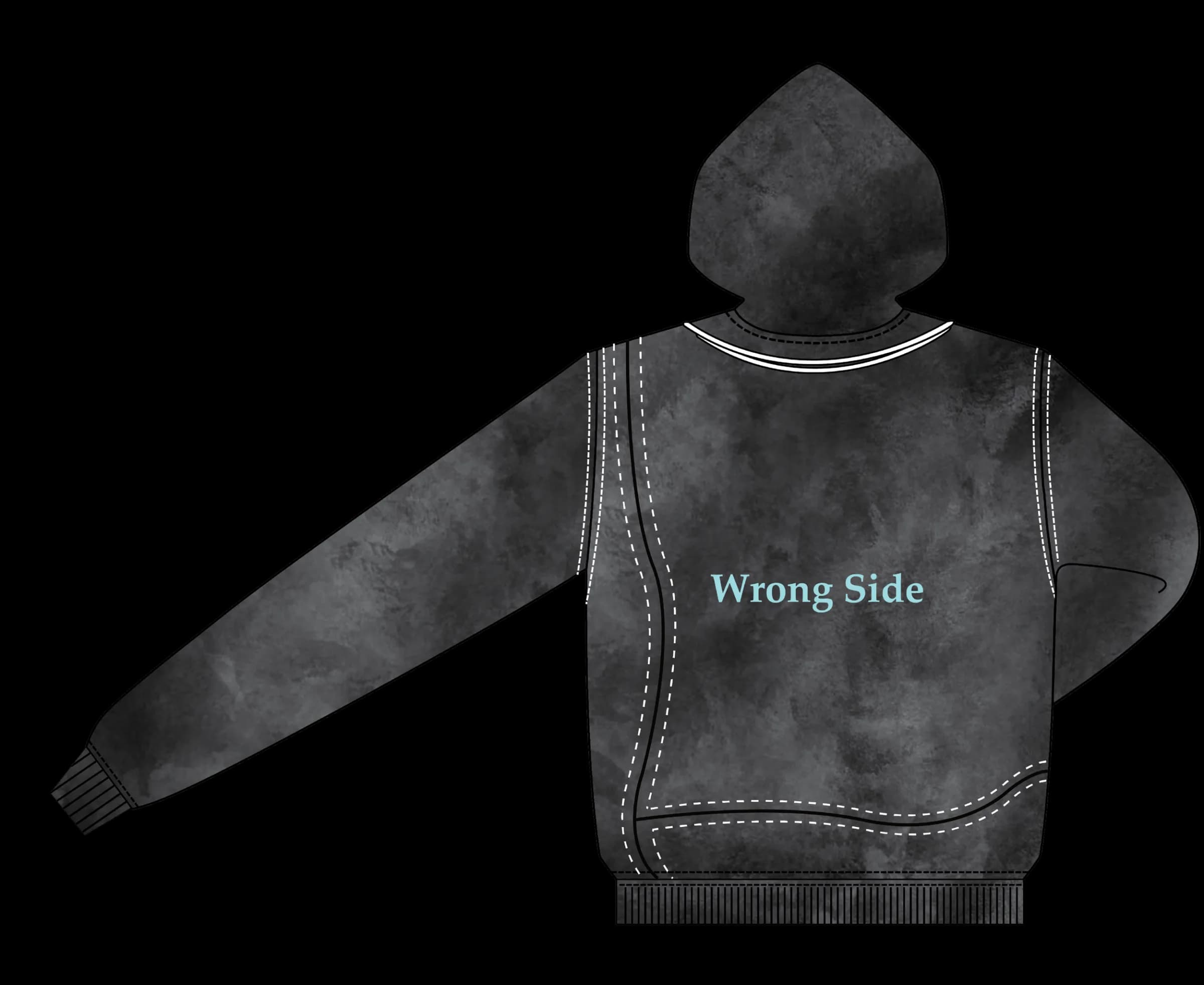 Technical flat of the Denim Washed Hoodie back with “Wrong Side” in blue serif type