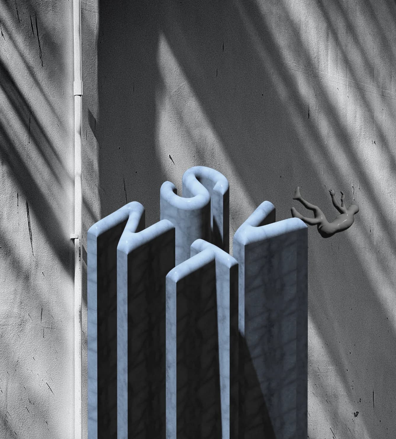 Le Suivant brand artwork: a black-and-white skyscraper scene with a 3D LS monogram building and a falling figure