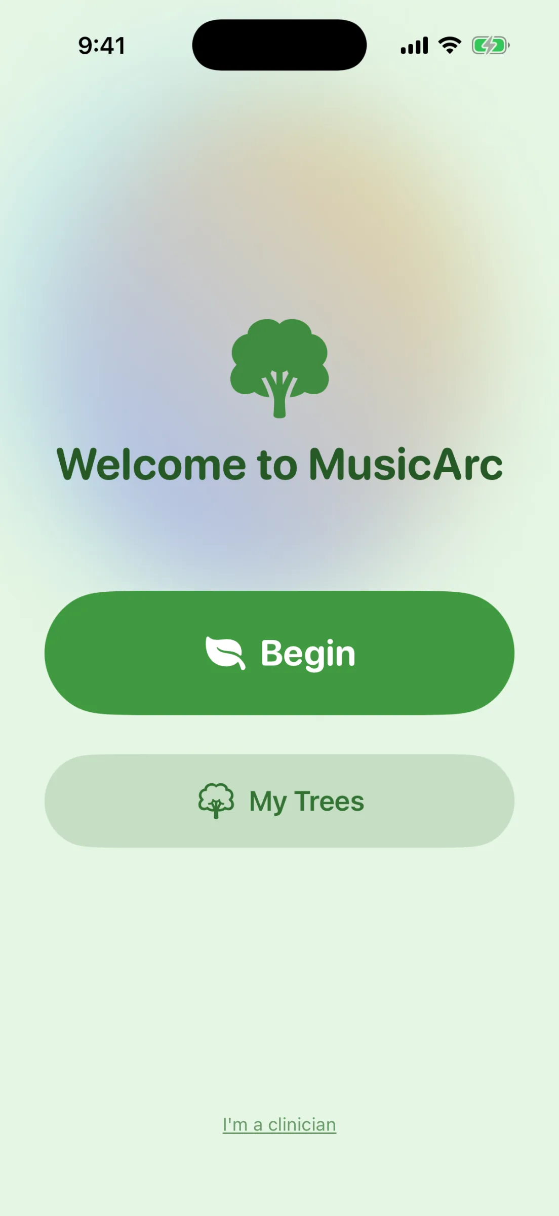 Welcome screen: a tree glyph over a soft green and amber background, ‘Welcome to MusicArc’, a large green Begin button, a My Trees button and a small ‘I’m a clinician’ link.