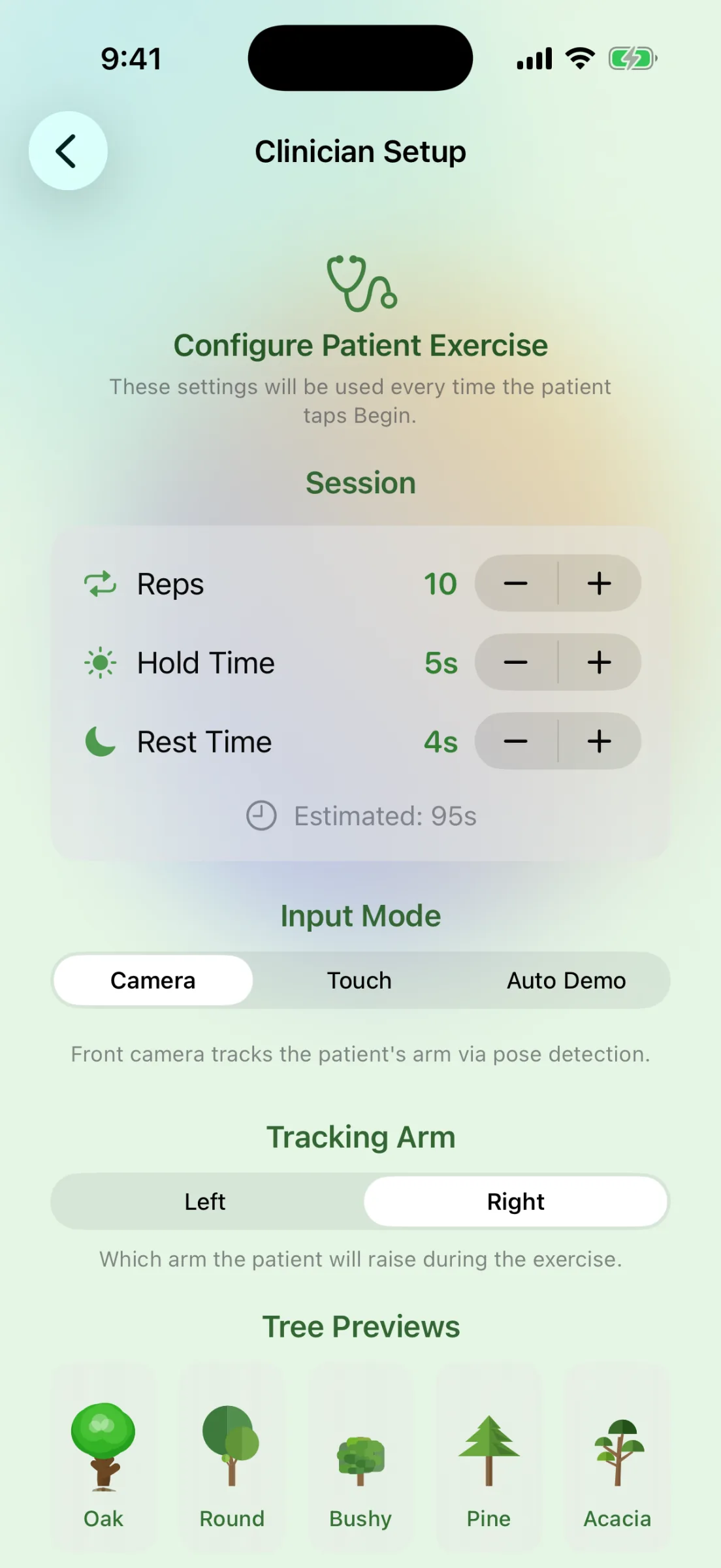 Clinician Setup screen: steppers for reps, hold time and rest time with an estimated session length, an input-mode picker (Camera, Touch, Auto Demo), a tracking-arm picker and a row of tree-species previews.