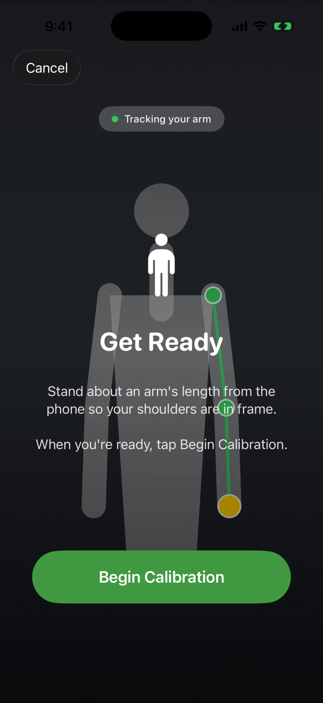 Calibration intro on a dark background: a grey silhouette with a green skeleton overlay on the shoulder, elbow and wrist, the heading ‘Get Ready’ and a Begin Calibration button.
