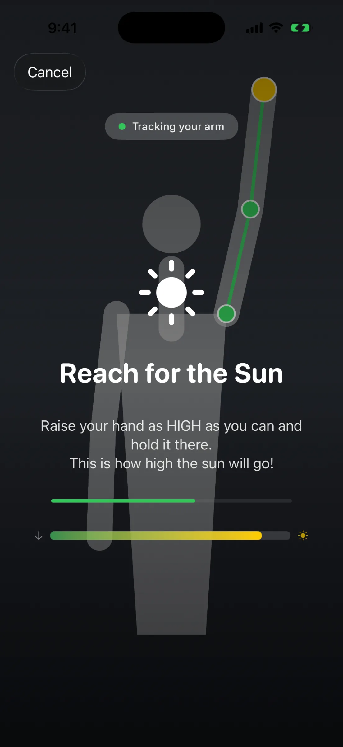 Calibration step titled ‘Reach for the Sun’: a grey silhouette with its right arm raised, the shoulder, elbow and wrist highlighted in green, a sun icon, a progress bar and a height bar.