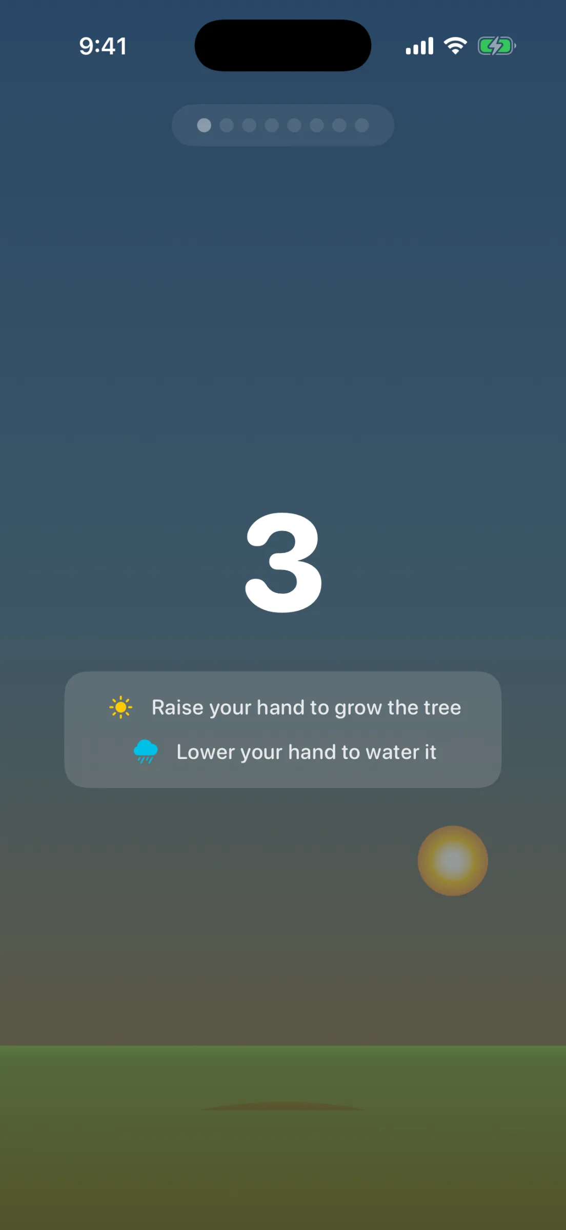 Countdown screen: a large ‘3’ over a dimmed sky with two instructions, ‘Raise your hand to grow the tree’ and ‘Lower your hand to water it’.