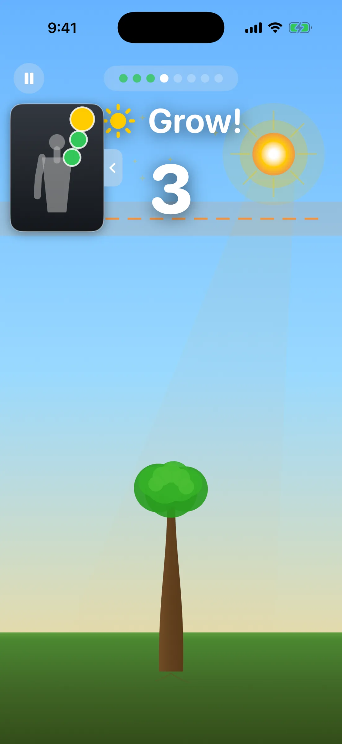 Active phase in daytime: a blue sky, a glowing sun above an orange dashed threshold line, a light beam on a growing tree, rep dots at the top, a ‘Grow!’ timer and a camera picture-in-picture card with a skeleton overlay.
