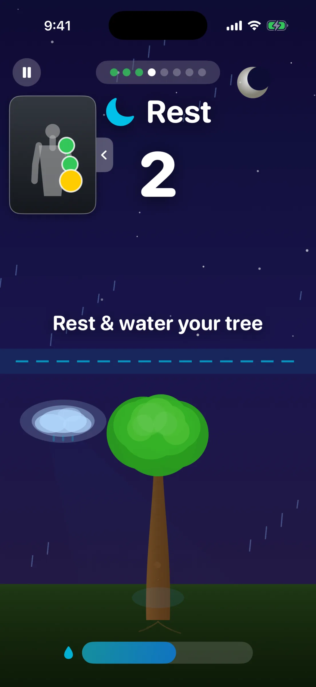 Rest phase at night: a dark starry sky with rain, a moon, a rain cloud, a cyan dashed rest line, the prompt ‘Rest & water your tree’ and a water-level bar filling at the bottom.