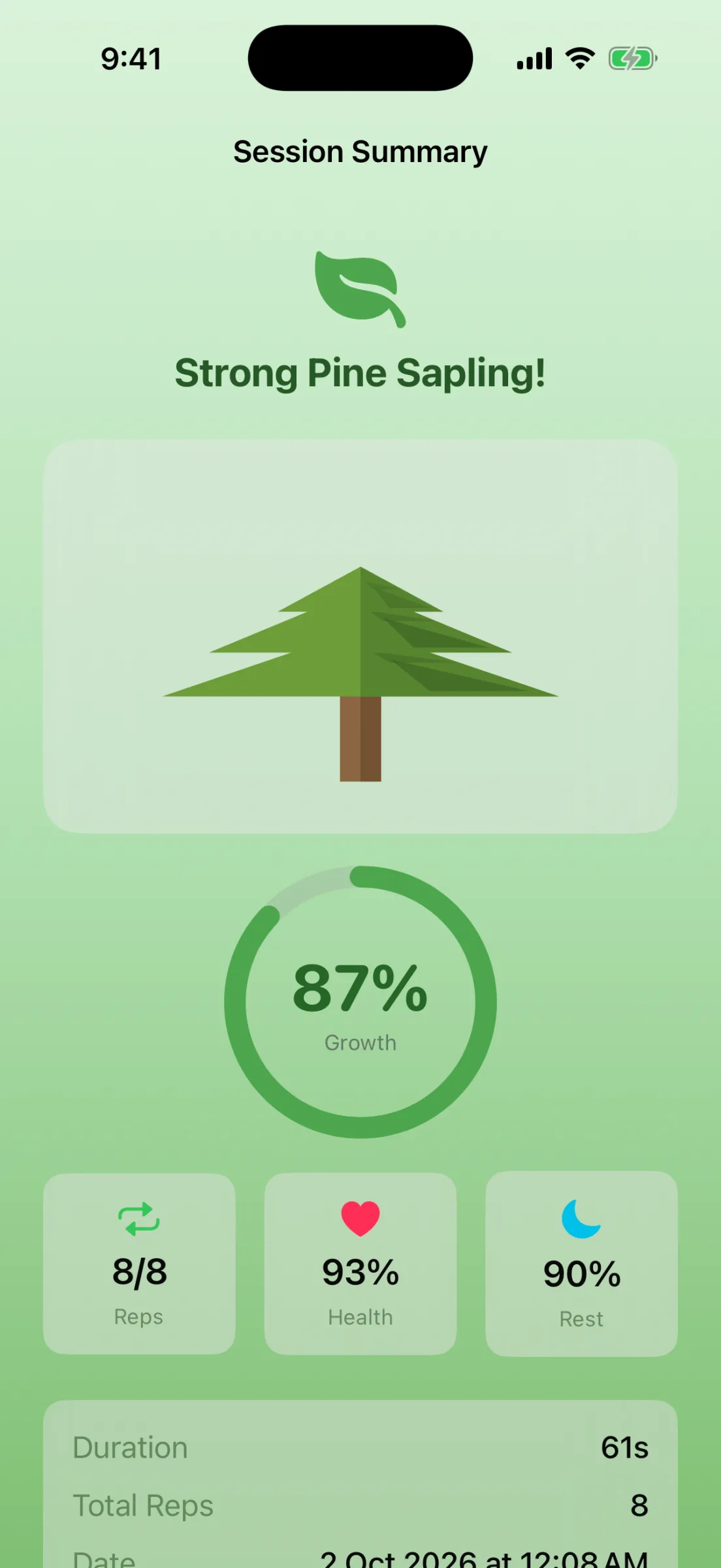 Session Summary screen: ‘Strong Pine Sapling!’, a pine-tree card, an 87% growth ring, and tiles for 8/8 reps, 93% health and 90% rest compliance.